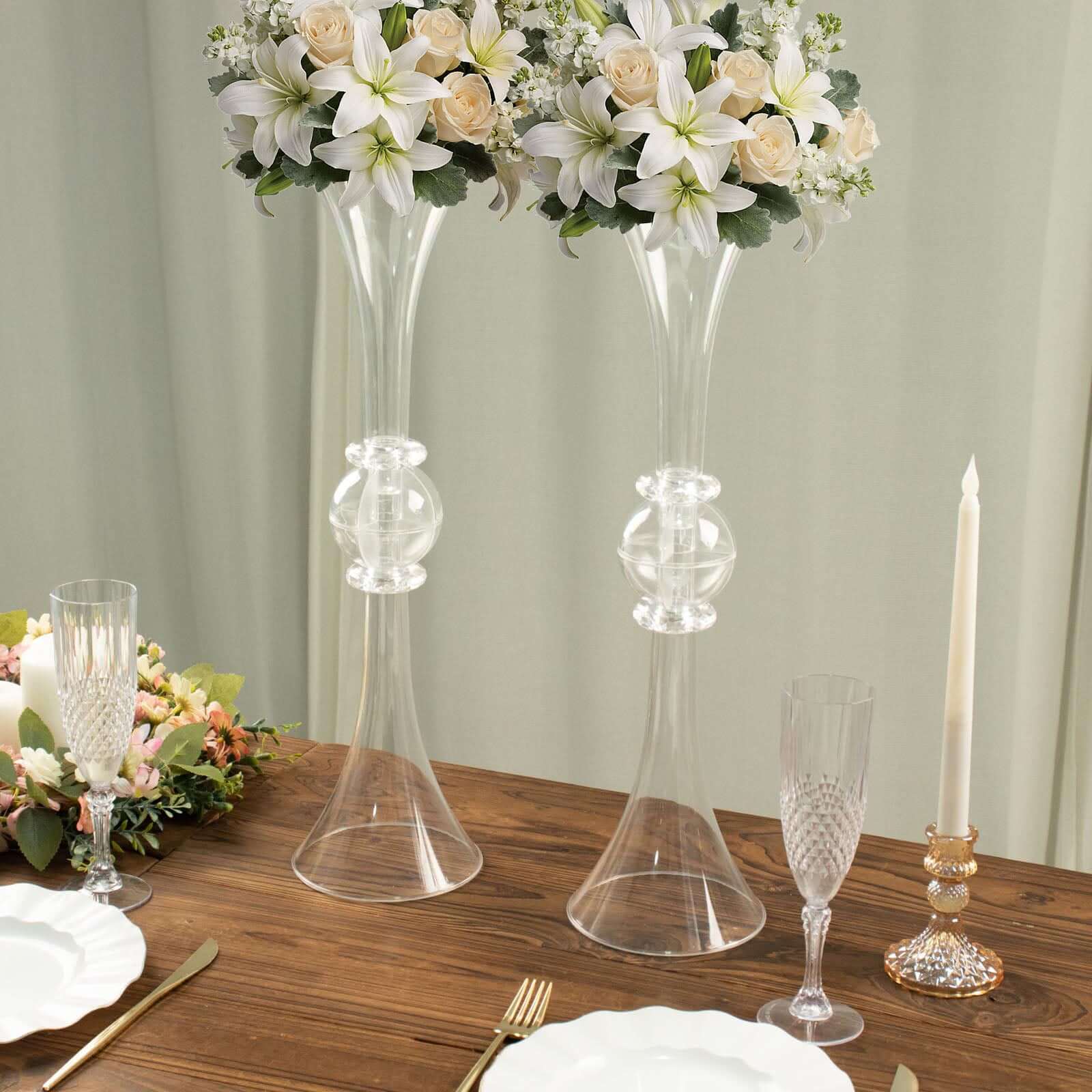 2-Pack Flower Vases Trumpet Design with Crystal Embellishments Clear - Reversible Plastic Table Centerpieces 21