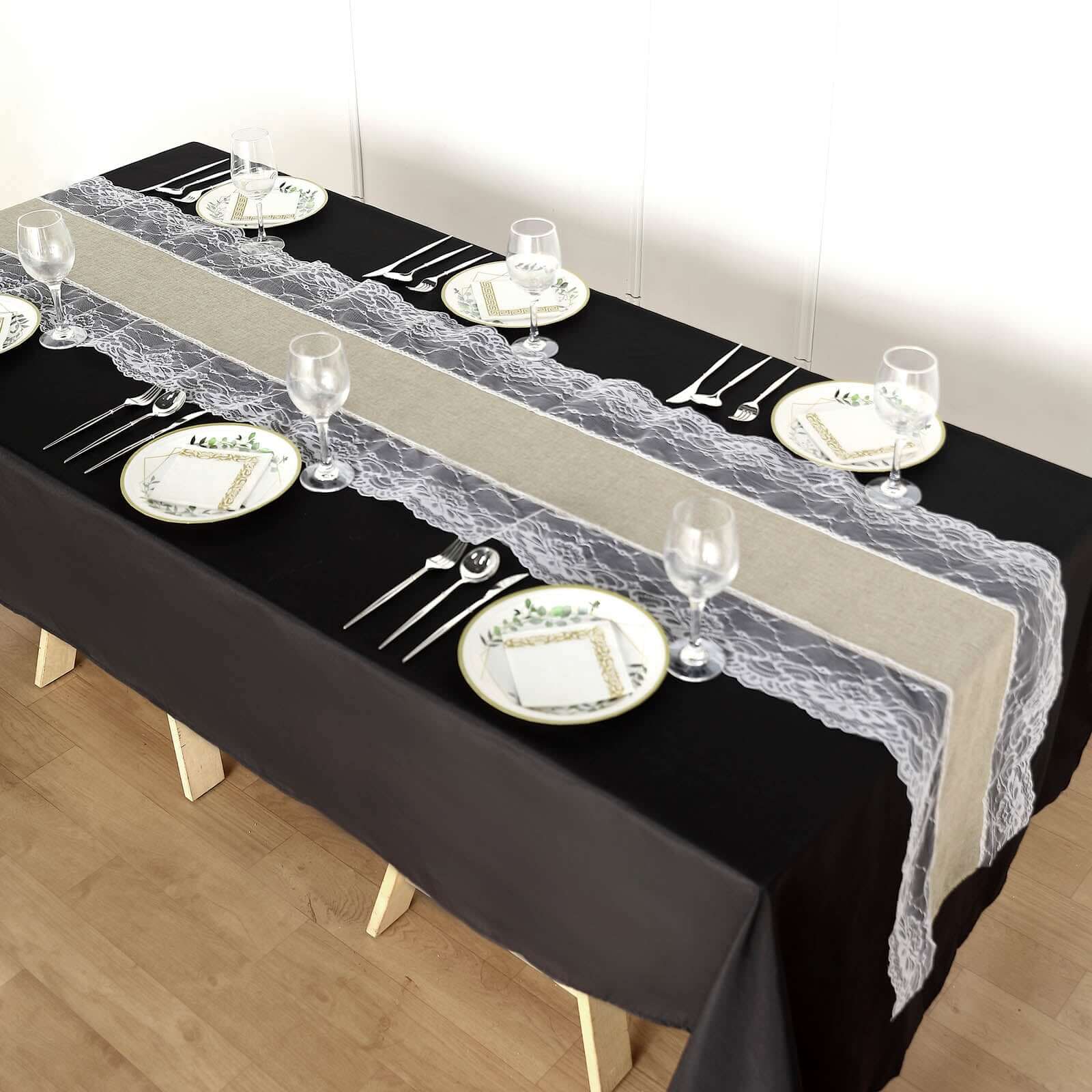 Faux Burlap Jute 16x108 Table Runner Taupe With White Lace Edging - Rustic Farmhouse Table Linen