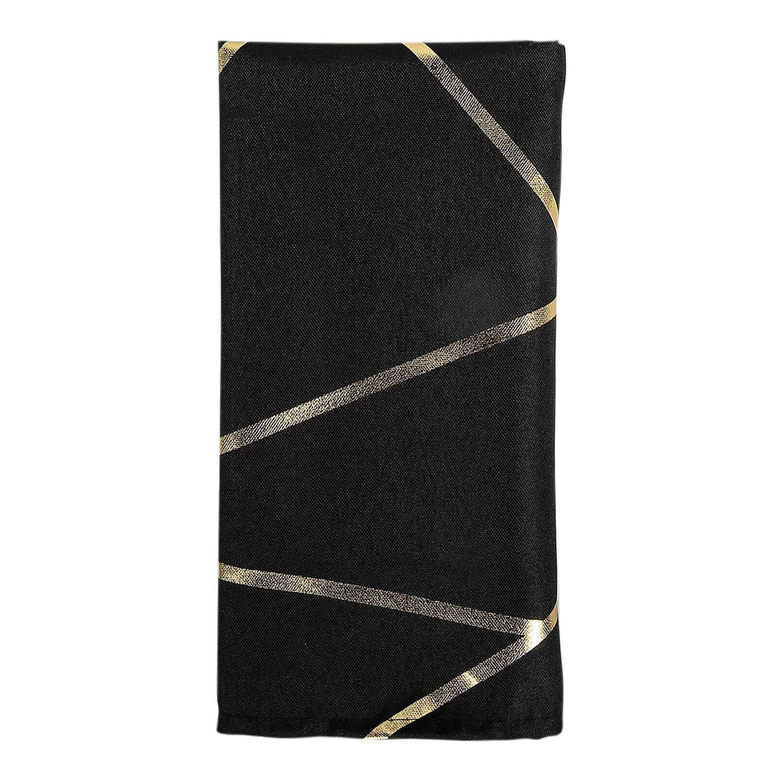 5 Pack Polyester 20x20 Napkins Black with Gold Geometric Foil Pattern - Modern Reusable Dinner Napkins