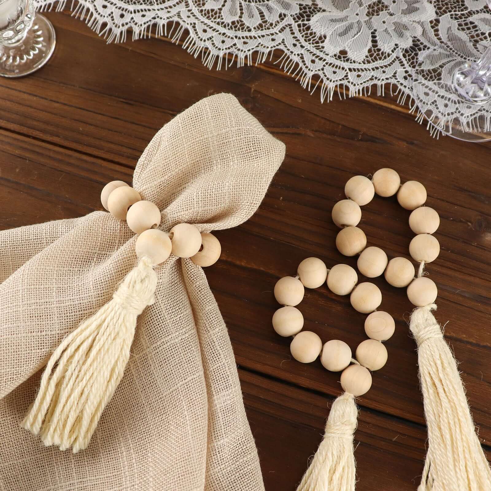 4 Pack 6 Cream Rustic Boho Chic Wood Bead Napkin Rings With Tassels, Farmhouse Country Napkin Holders