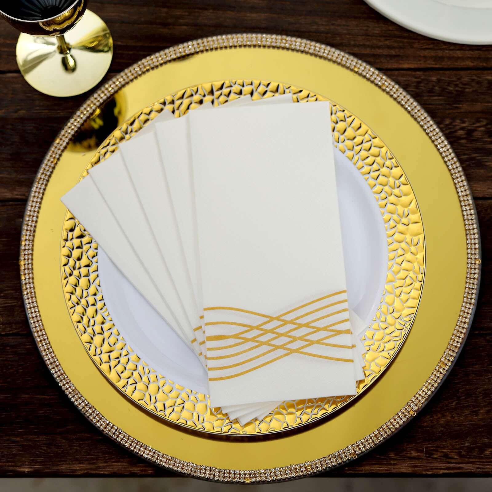 25 Pack Linen-Like Paper 8x4 Napkins White with Metallic Gold Foil Wave Design - Soft & Absotbent Airlaid Hand Towels for Exquisite Weddings & Events