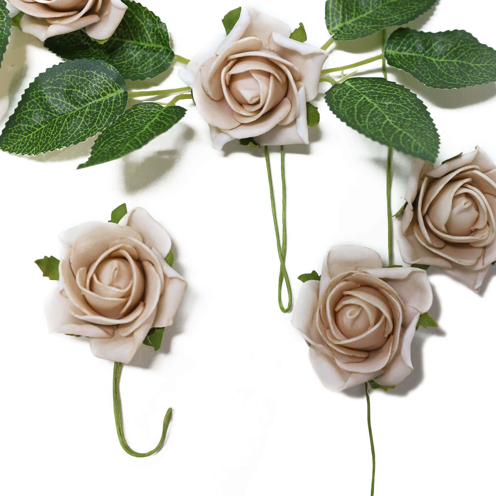 24 Roses 2 Champagne Artificial Foam Flowers With Stem Wire and Leaves