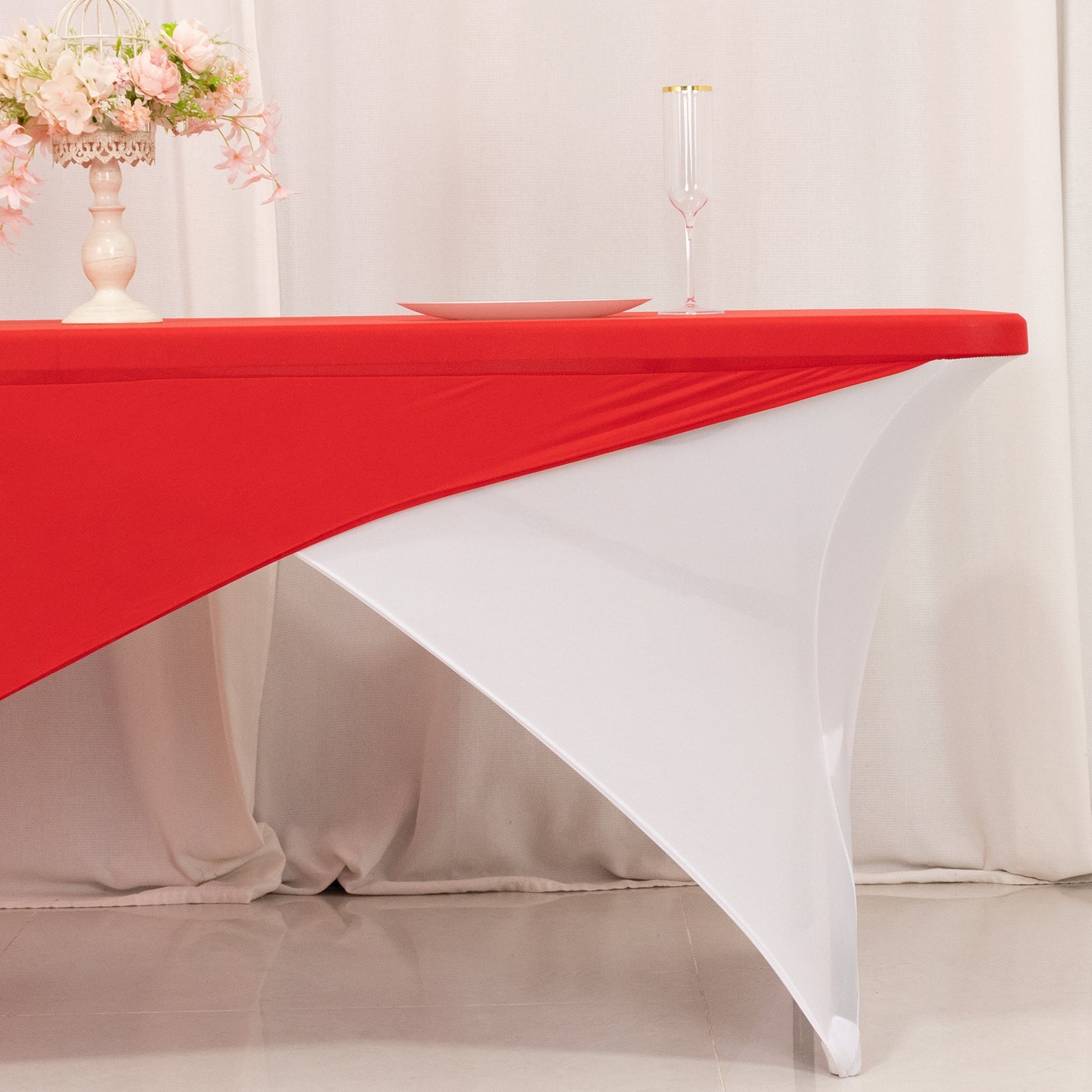 Stretch Spandex 72x30 Rectangle Table Cover Red/White Cross Over Design - Versatile & Sleek Two-Piece Fitted Tablecloth with Elastic Foot Pockets