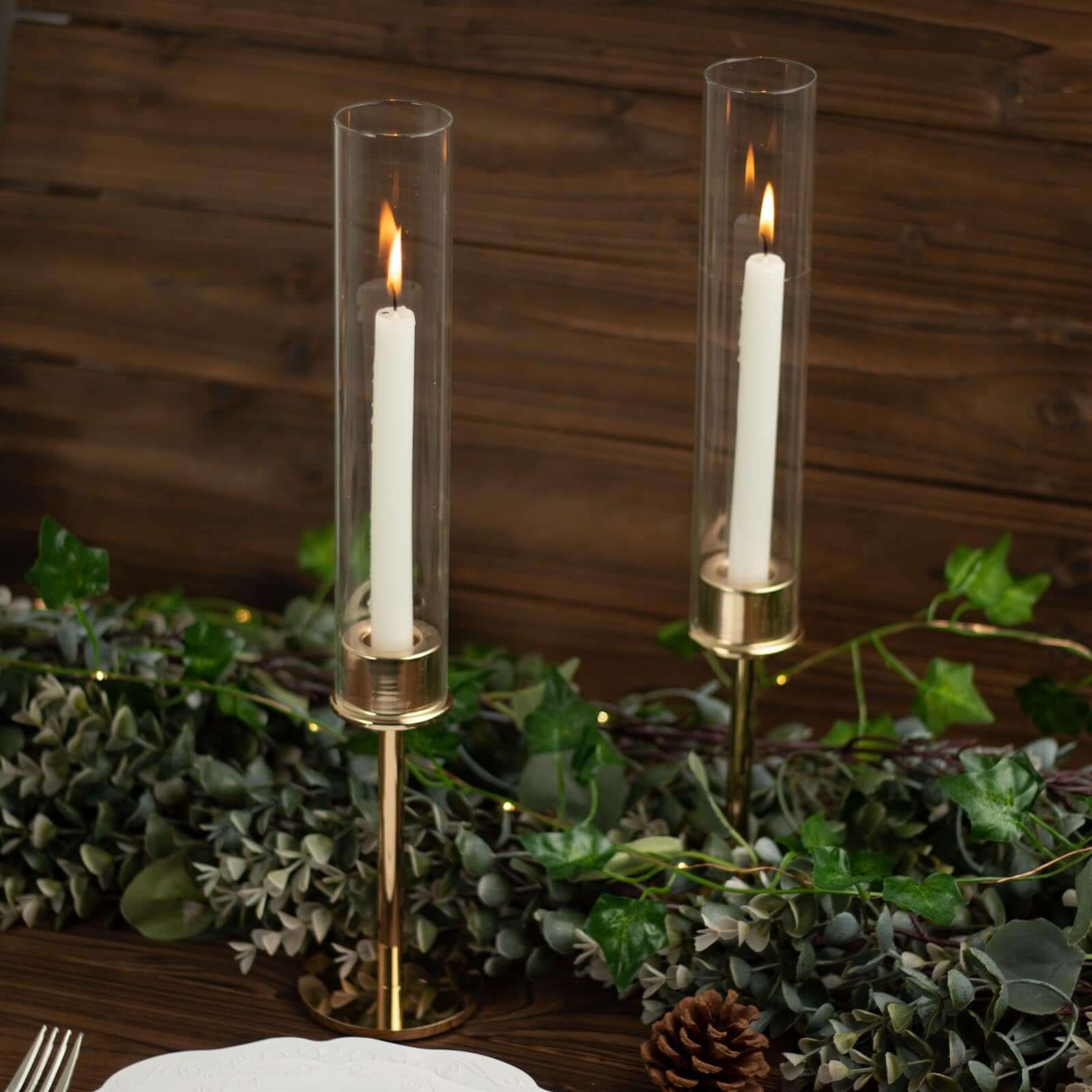 2-Pack Gold Metal Taper Candlestick Holders, Clear Glass Hurricane Candle Stands With Chimney Candle Shades 16