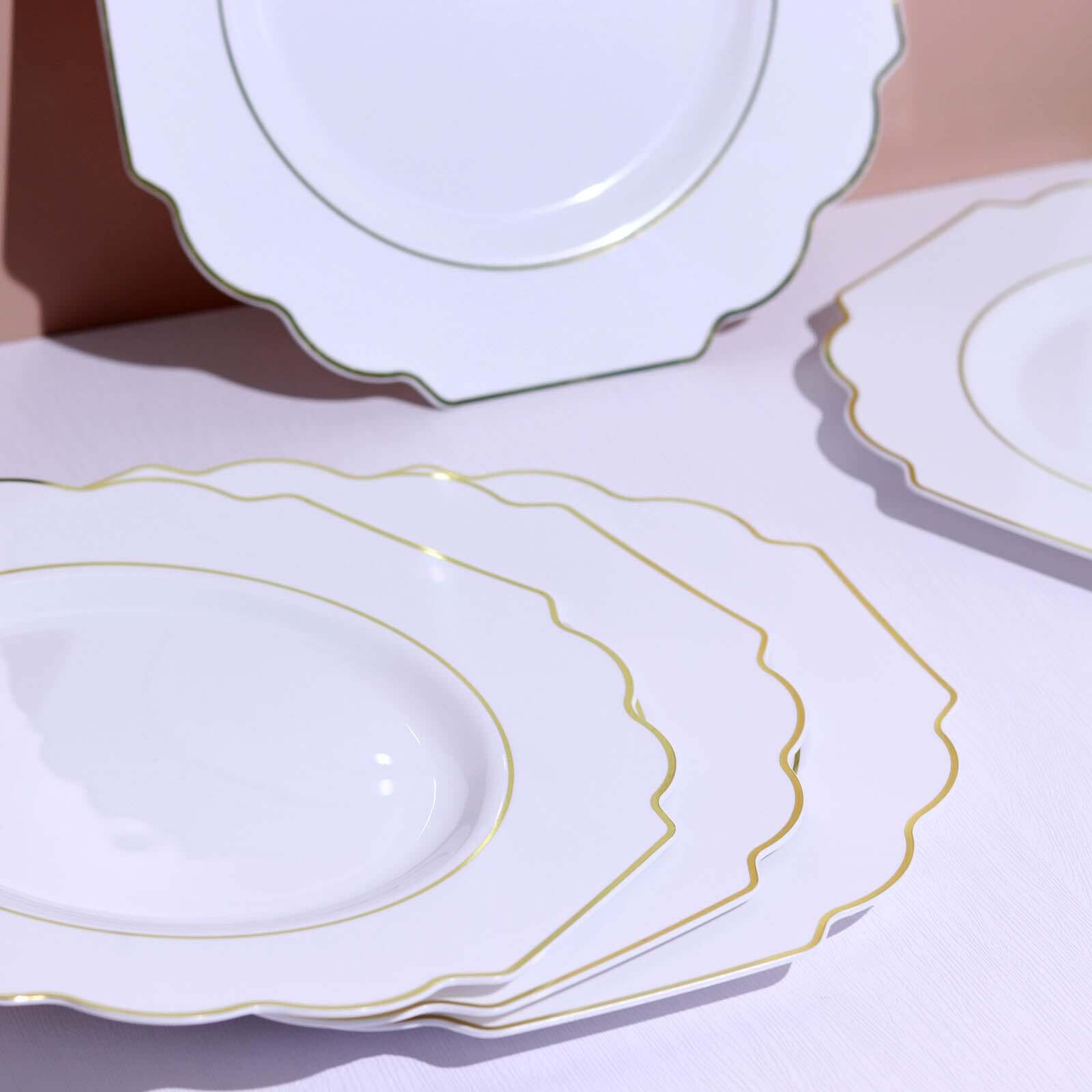 10-Pack Plastic Dinner Plates in White Baroque Design with Scalloped Gold Rim - Heavy Duty Disposable Party Plates for Events & Banquets 11