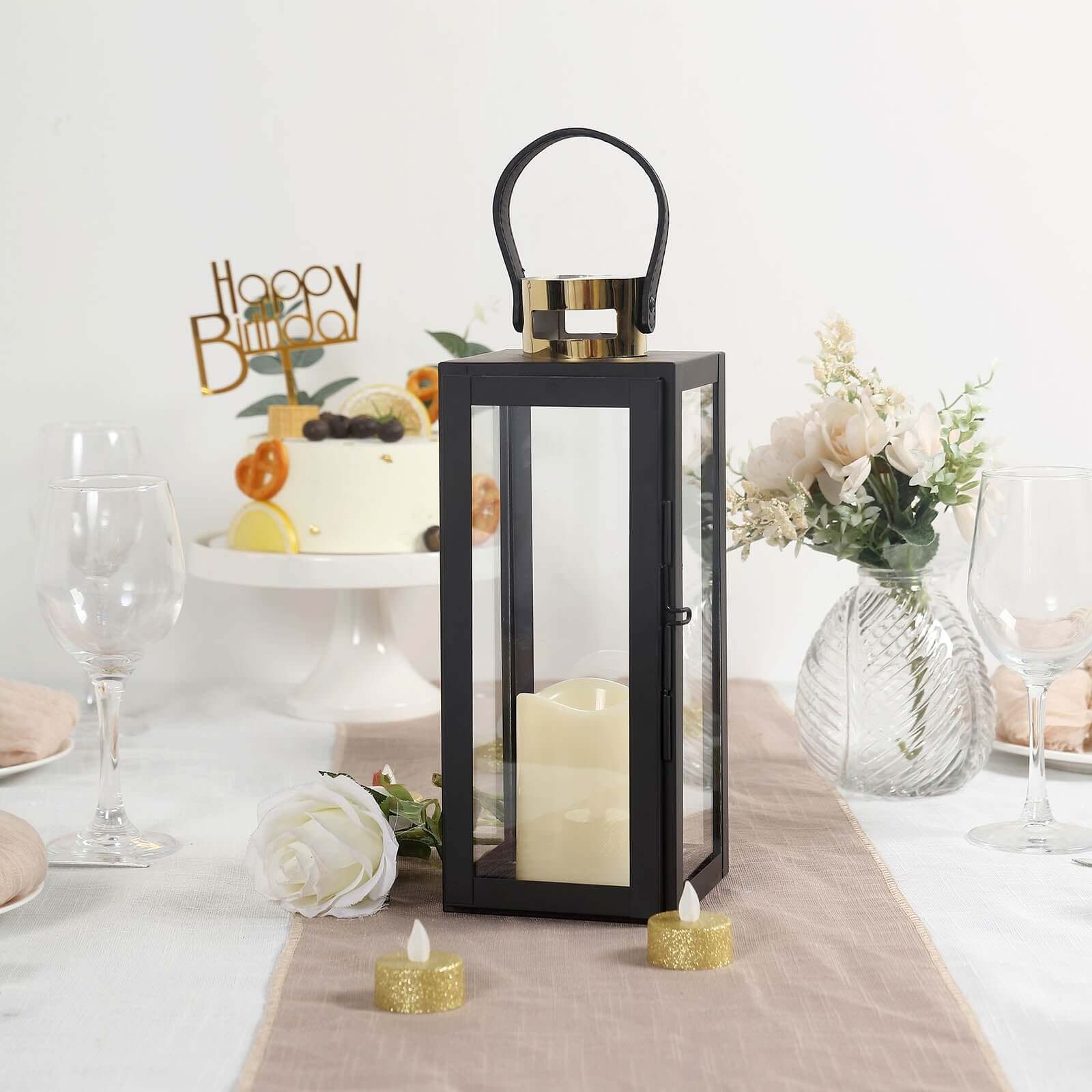 14 Black and Gold Top Stainless Steel Candle Lantern Centerpiece Outdoor Metal Patio Lantern