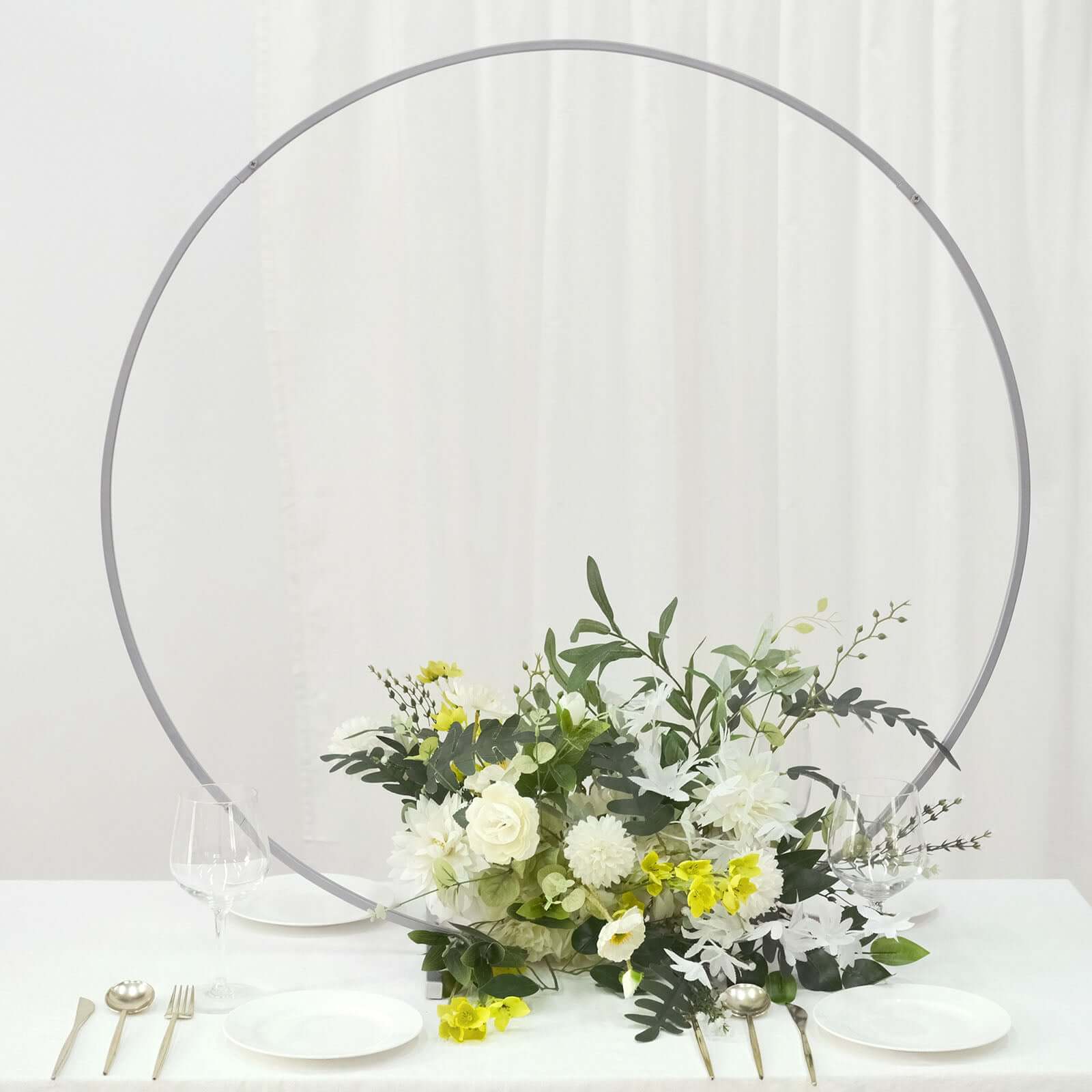 Round Wedding Hoop Table Centerpiece Metal Silver - Self-Standing Floral Wreath Frame for Events 36