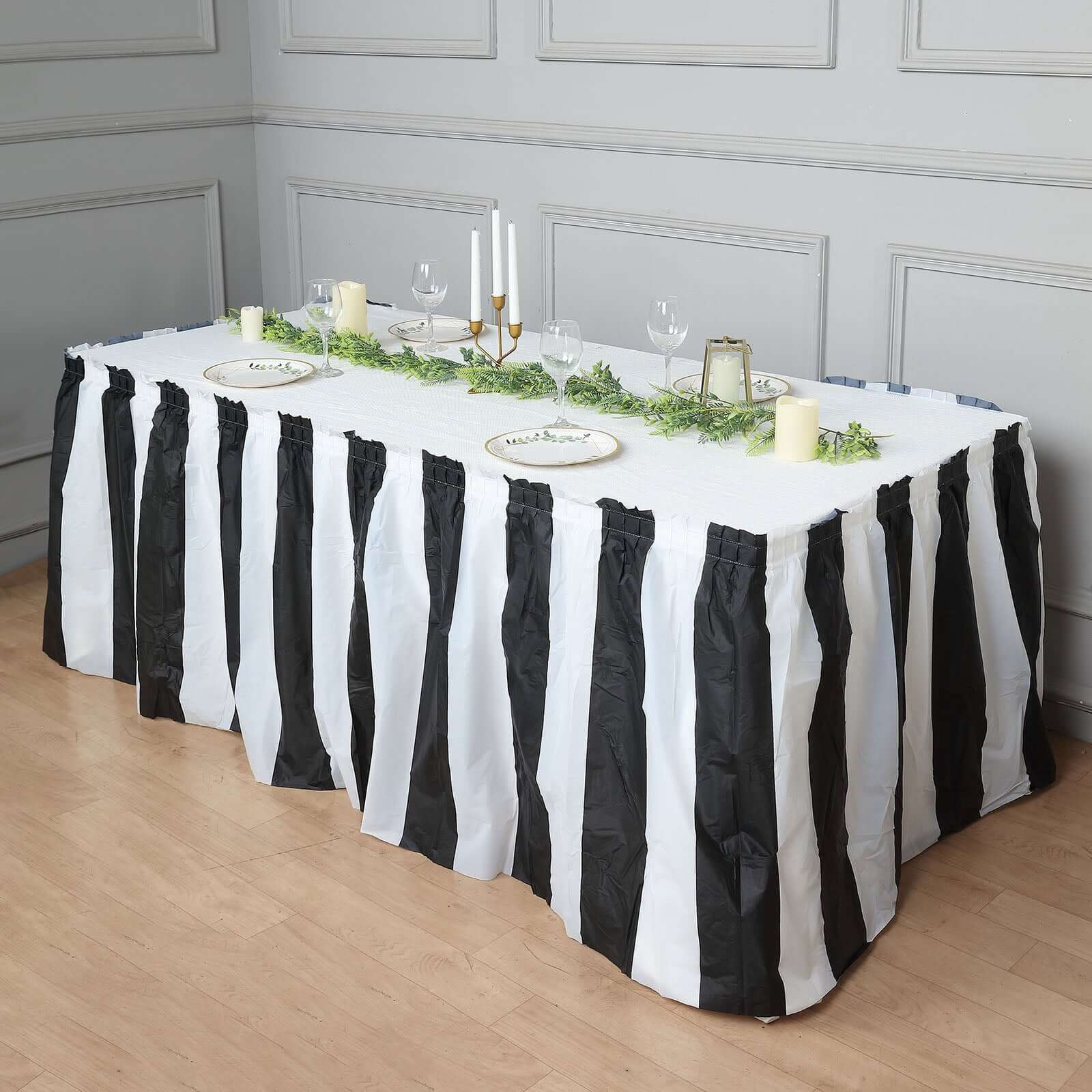 Plastic Table Skirt White/Black Stripe - Reliable Disposable Skirt for Parties 14ft 10 Mil