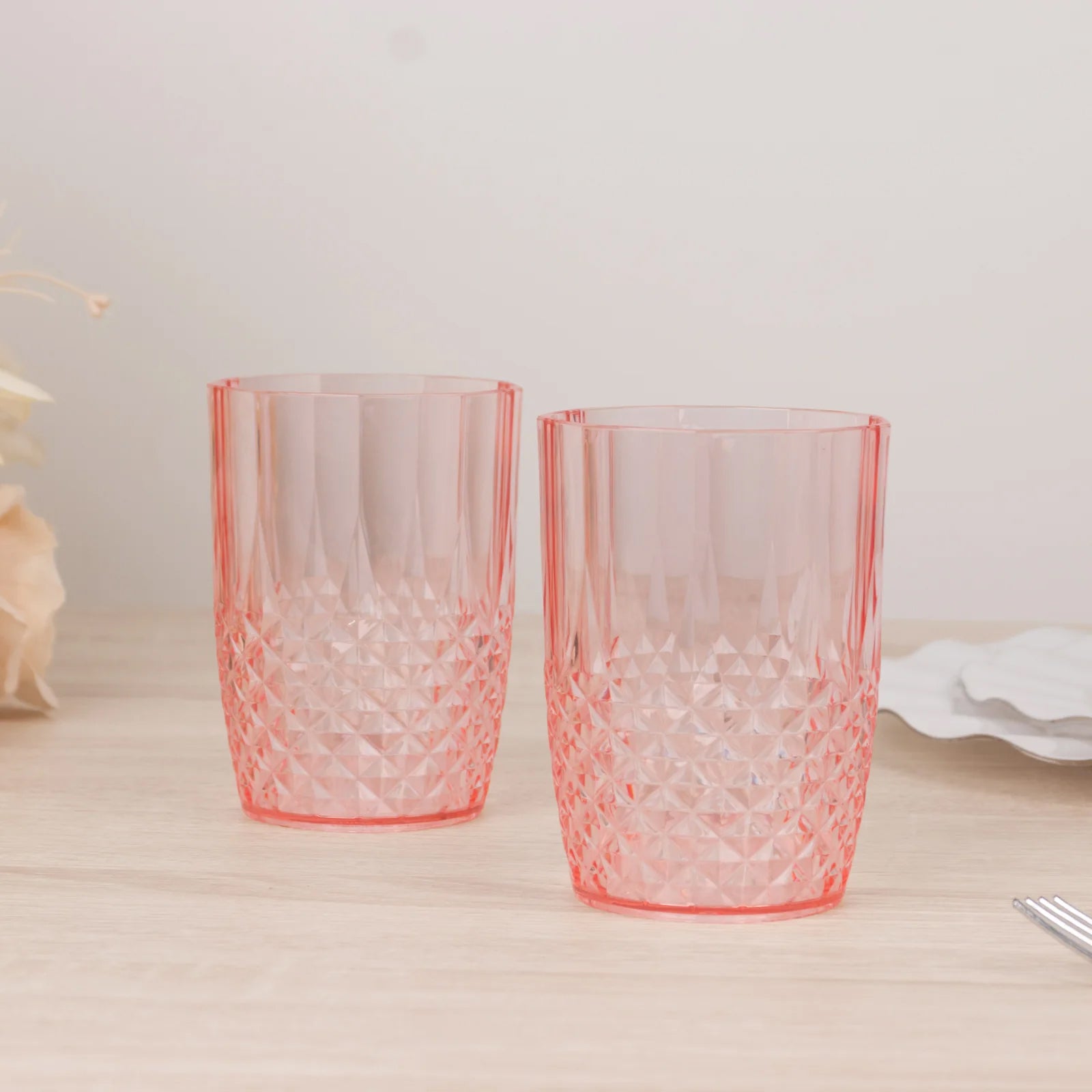 6-Pack Plastic Short Tumblers Transparent Blush Crystal Cut Style - Reusable All-Purpose Glasses 16oz