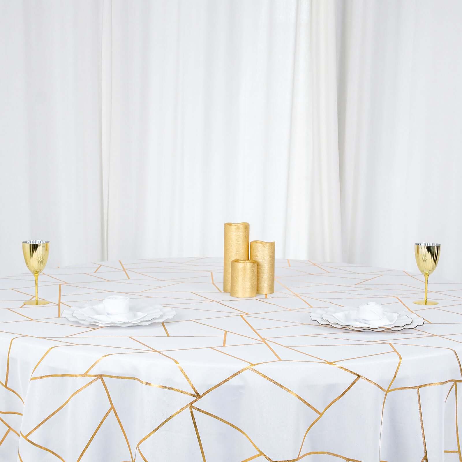 Polyester 120 Round Tablecloth White with Gold Foil Geometric Pattern Wrinkle-Resistant Modern Seamless Table Cover