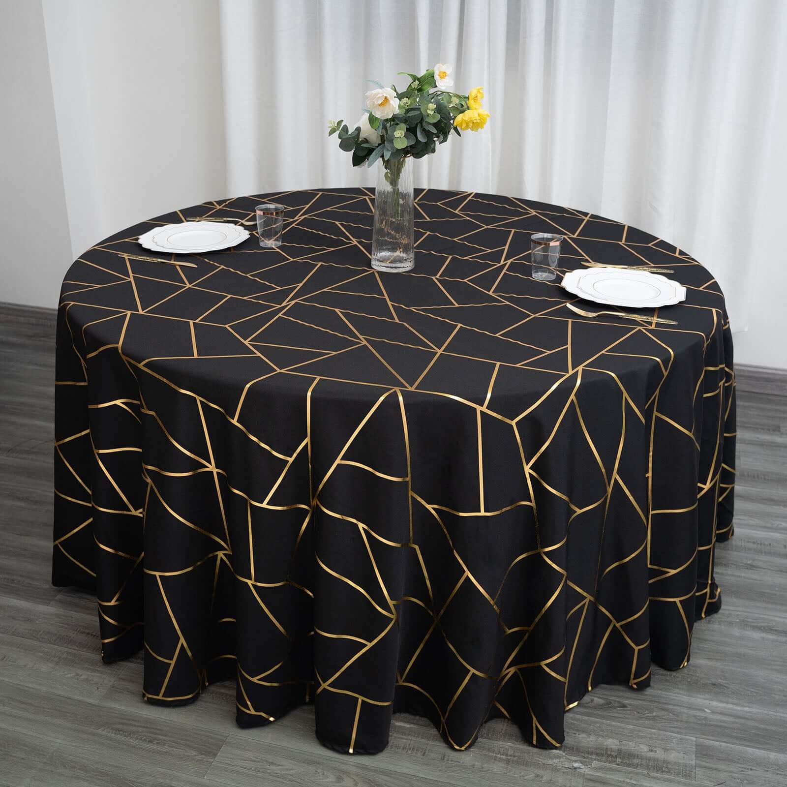 Polyester 120 Round Tablecloth Black with Gold Foil Geometric Pattern Wrinkle-Resistant Seamless Table Cover