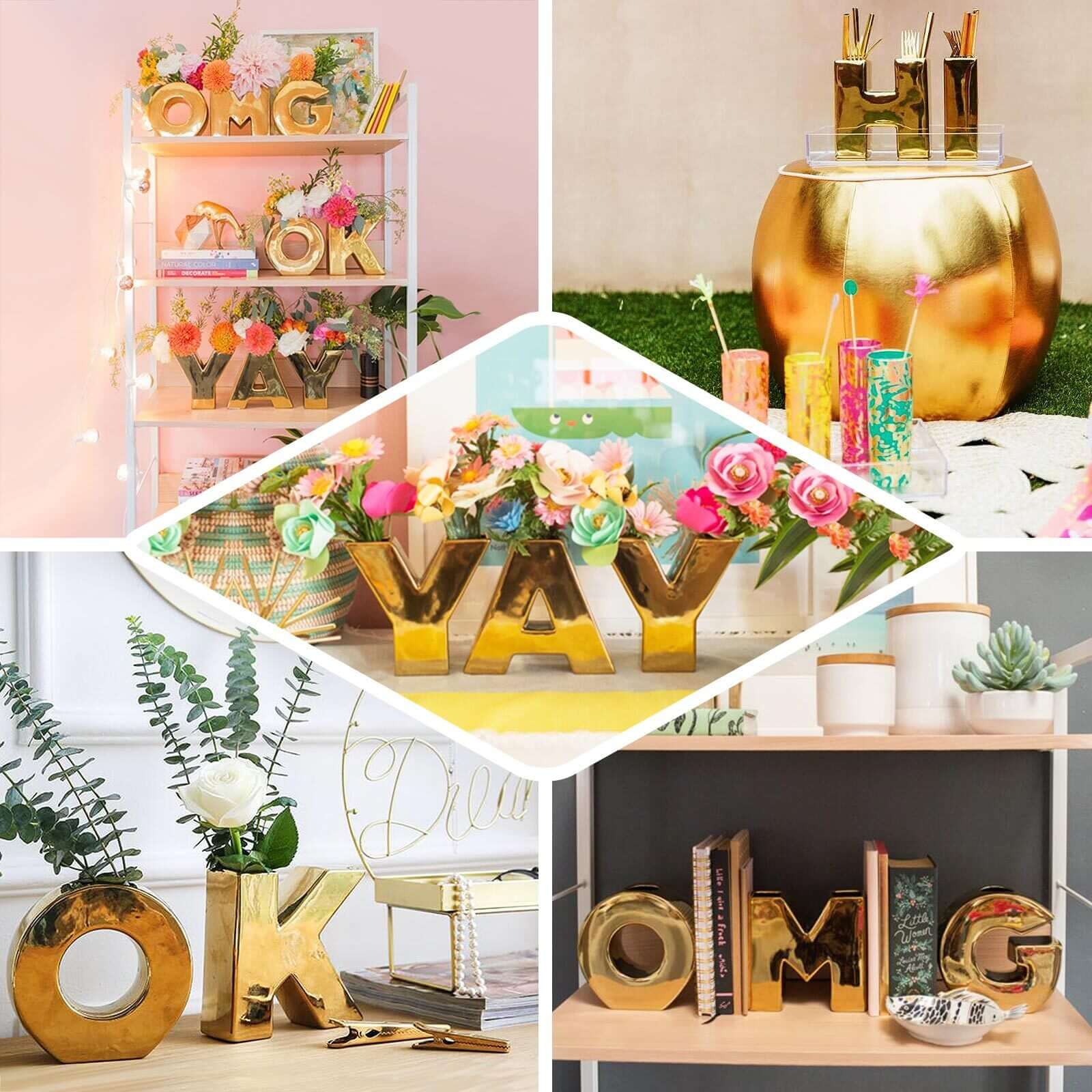 Shiny Ceramic Vase Letter L Gold Plated - Chic Bud Planter Pot for Events & Decor 6