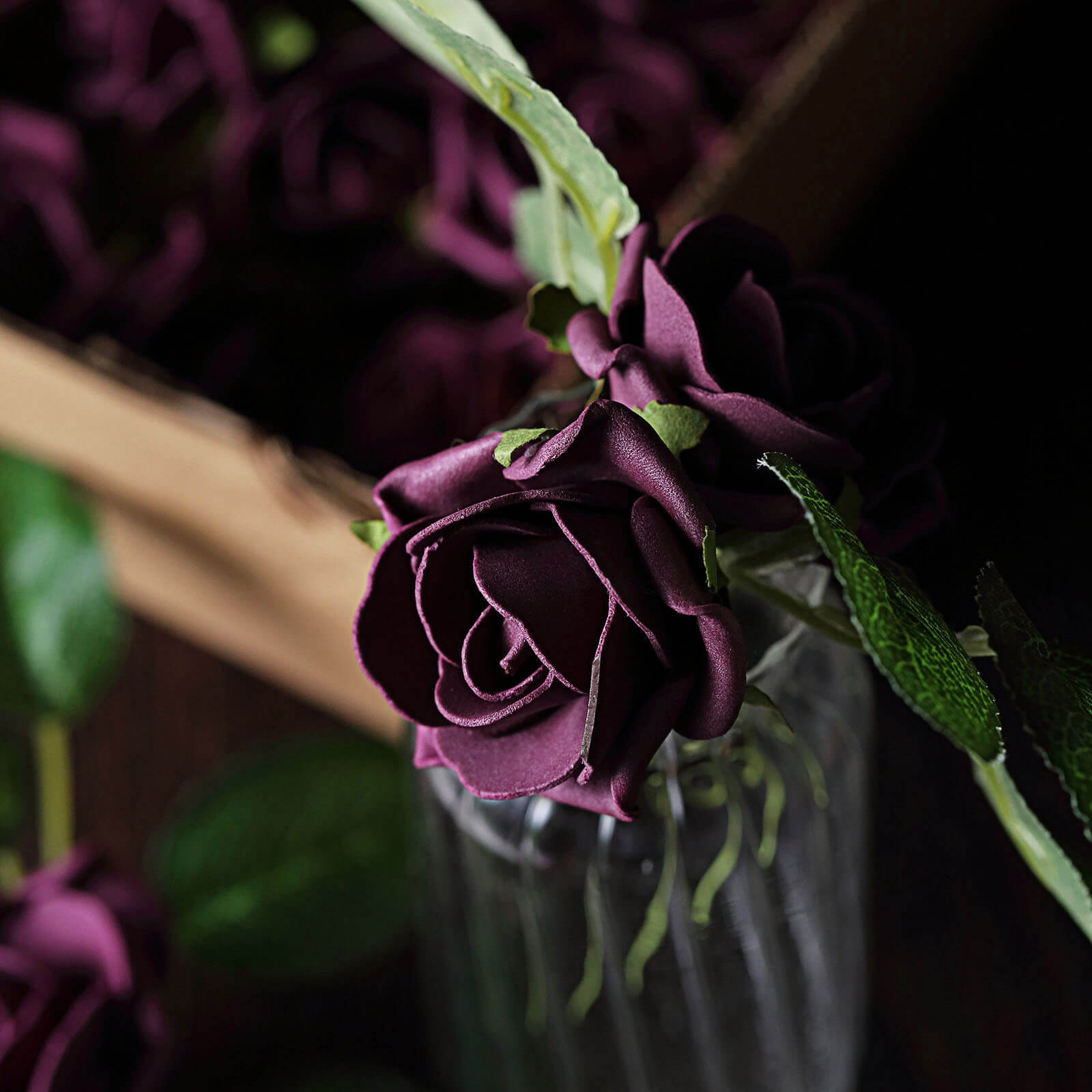 24 Roses 2 Eggplant Artificial Foam Flowers With Stem Wire and Leaves