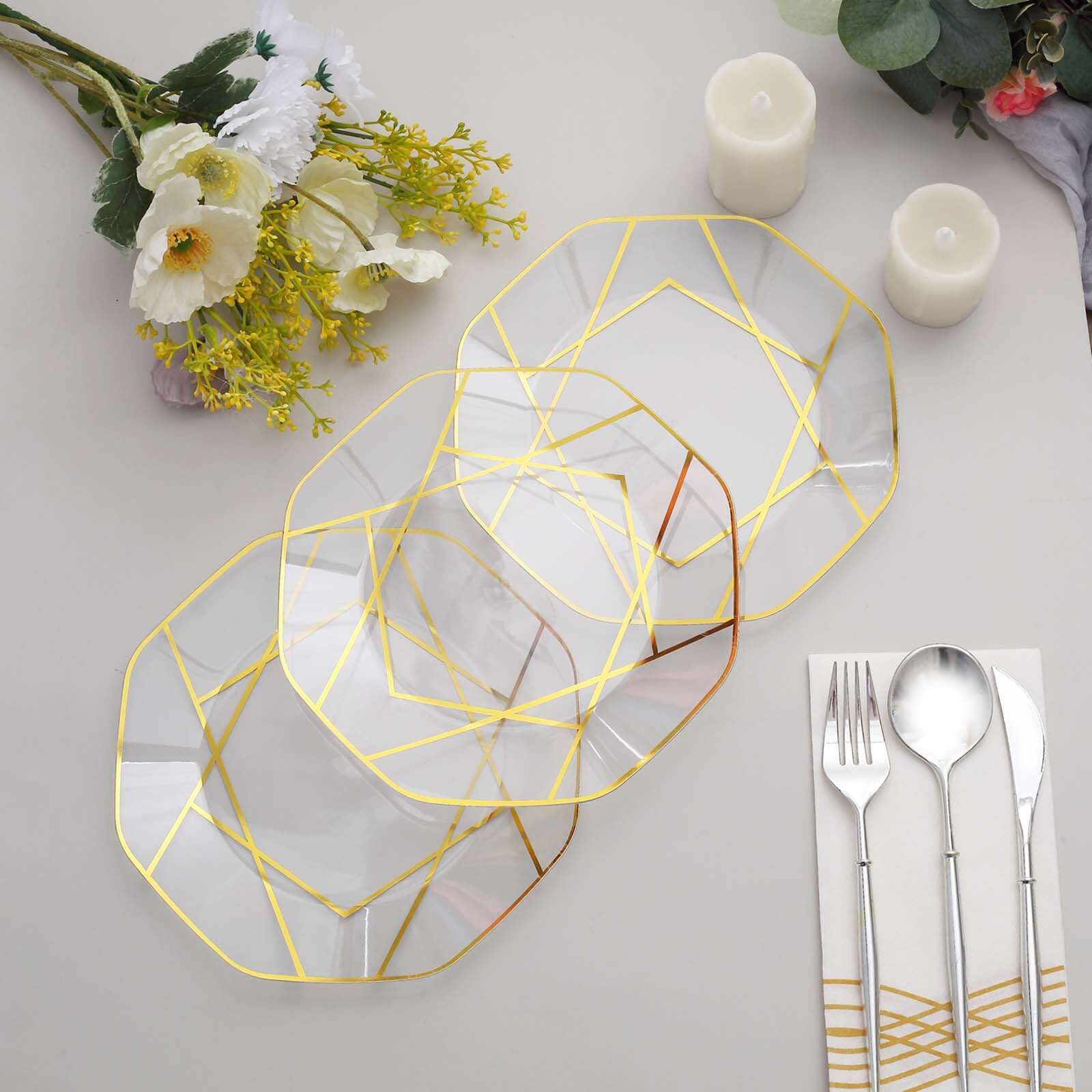 10-Pack Plastic 8 Octagon Dessert Plates in Clear - Modern Disposable Salad/Appetizer Plates with Gold Geometric Design for Special Occasions & Celebrations