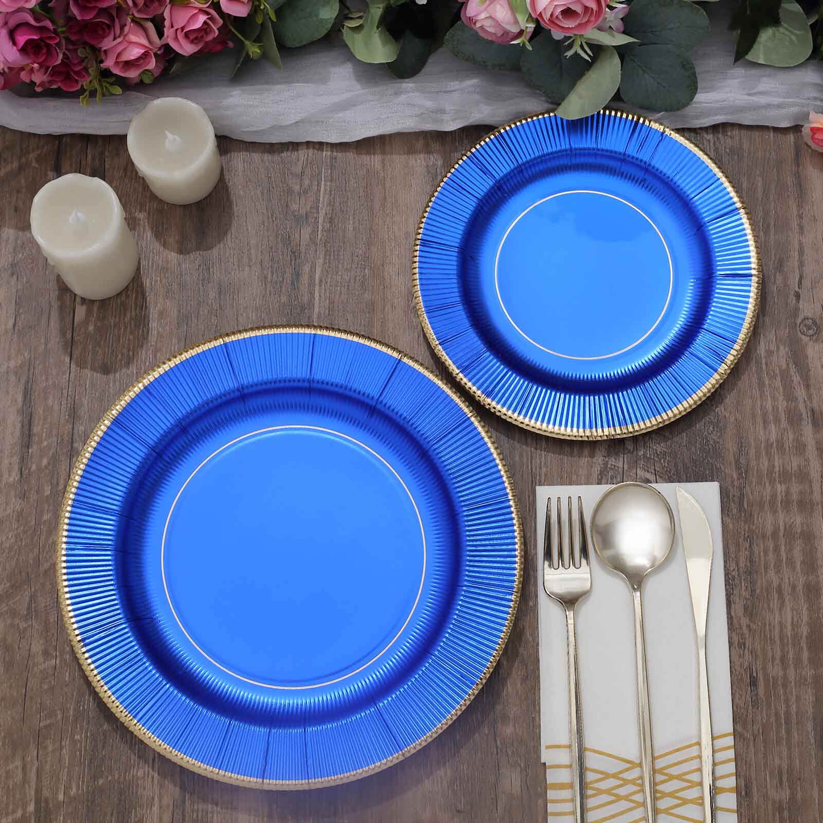 25-Pack Paper 10 Round Dinner Plates in Royal Blue Sunray Design with Gold Rim - Disposable Heavy Duty 350GSM Party Plates