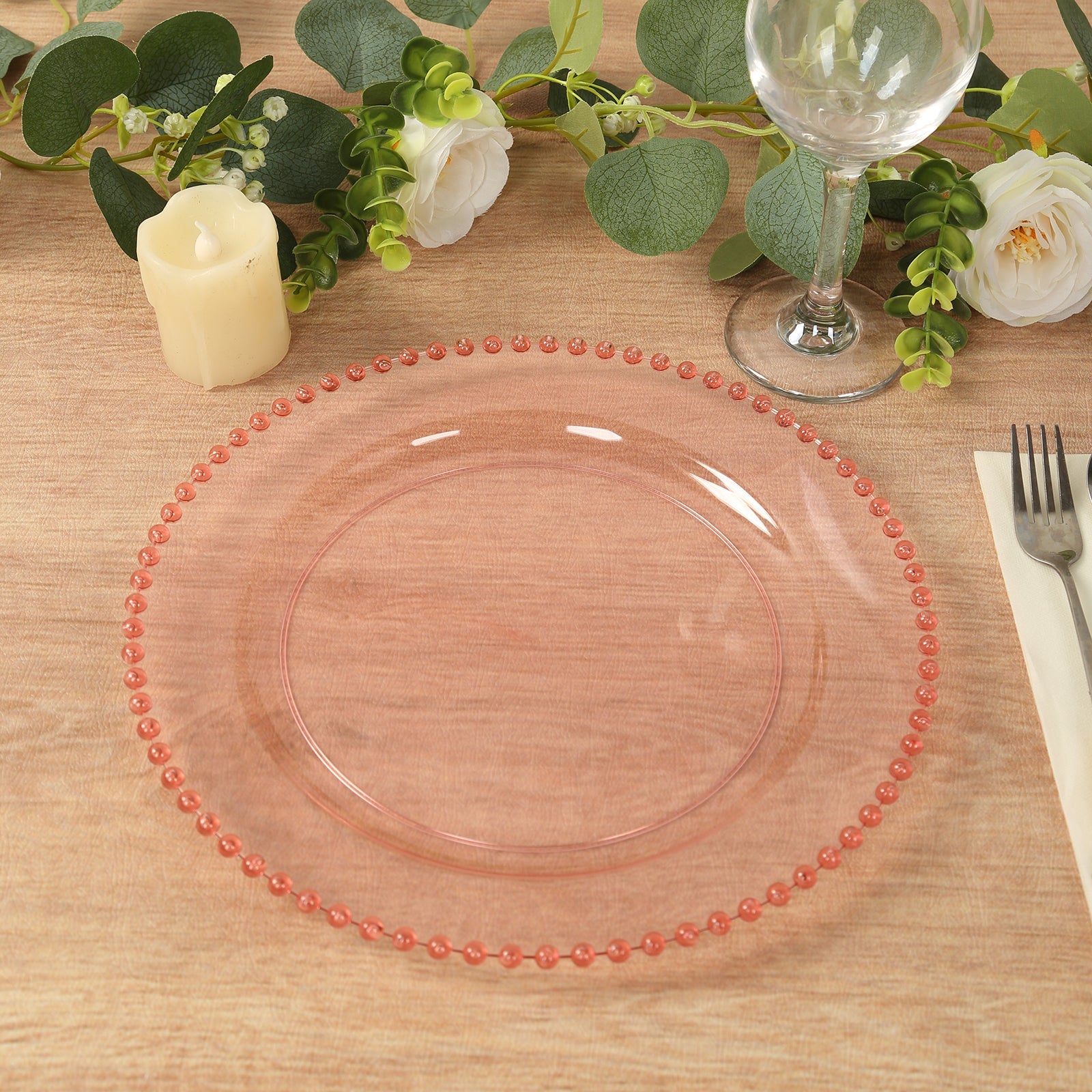 10-Pack Plastic 10 Round Dinner Plates in Transparent Blush with Beaded Rim - Disposable Party Plates