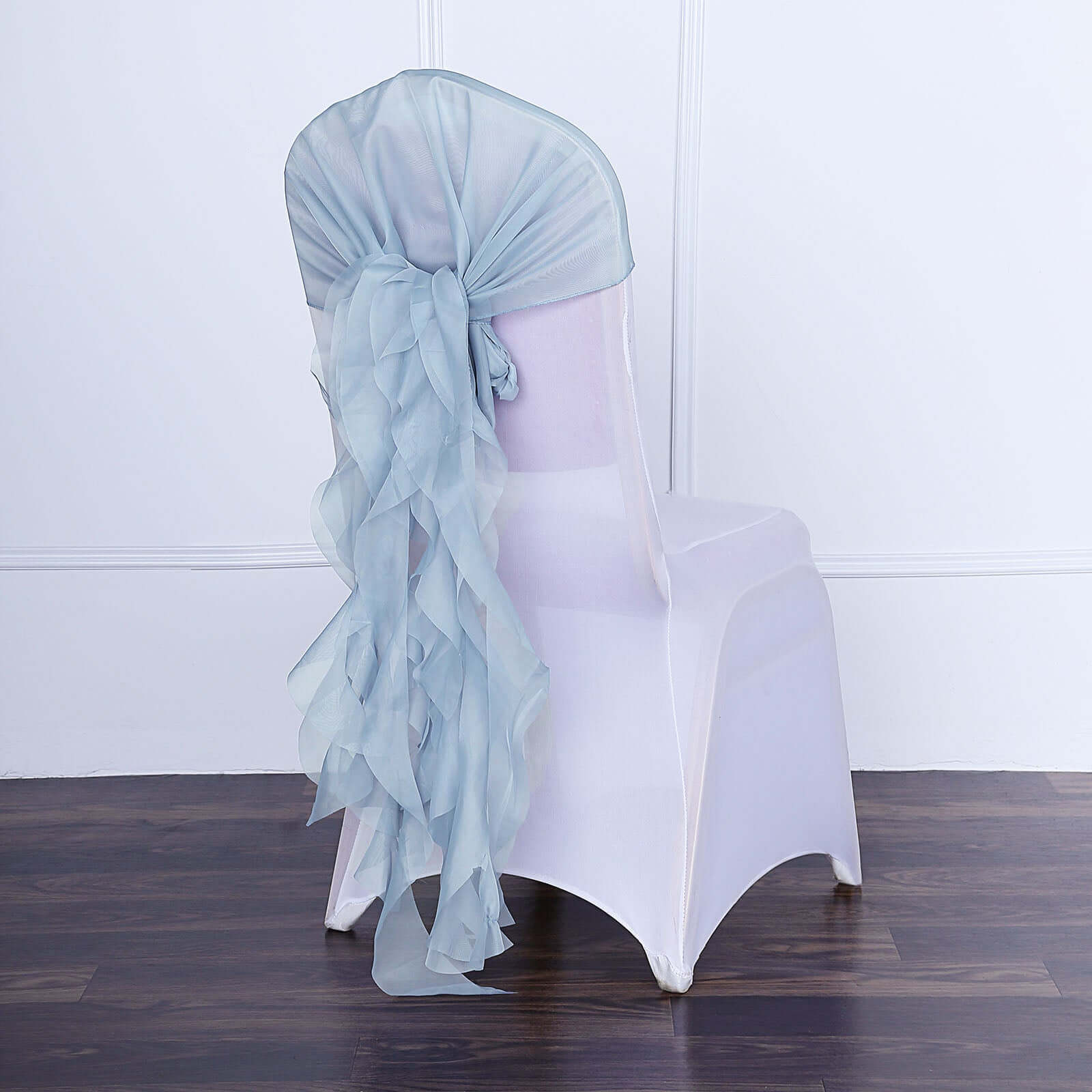 1 Set Chiffon Hoods Chair Sashes with Willow Ruffles Design Dusty Blue - Stylish Chair Bow Decor