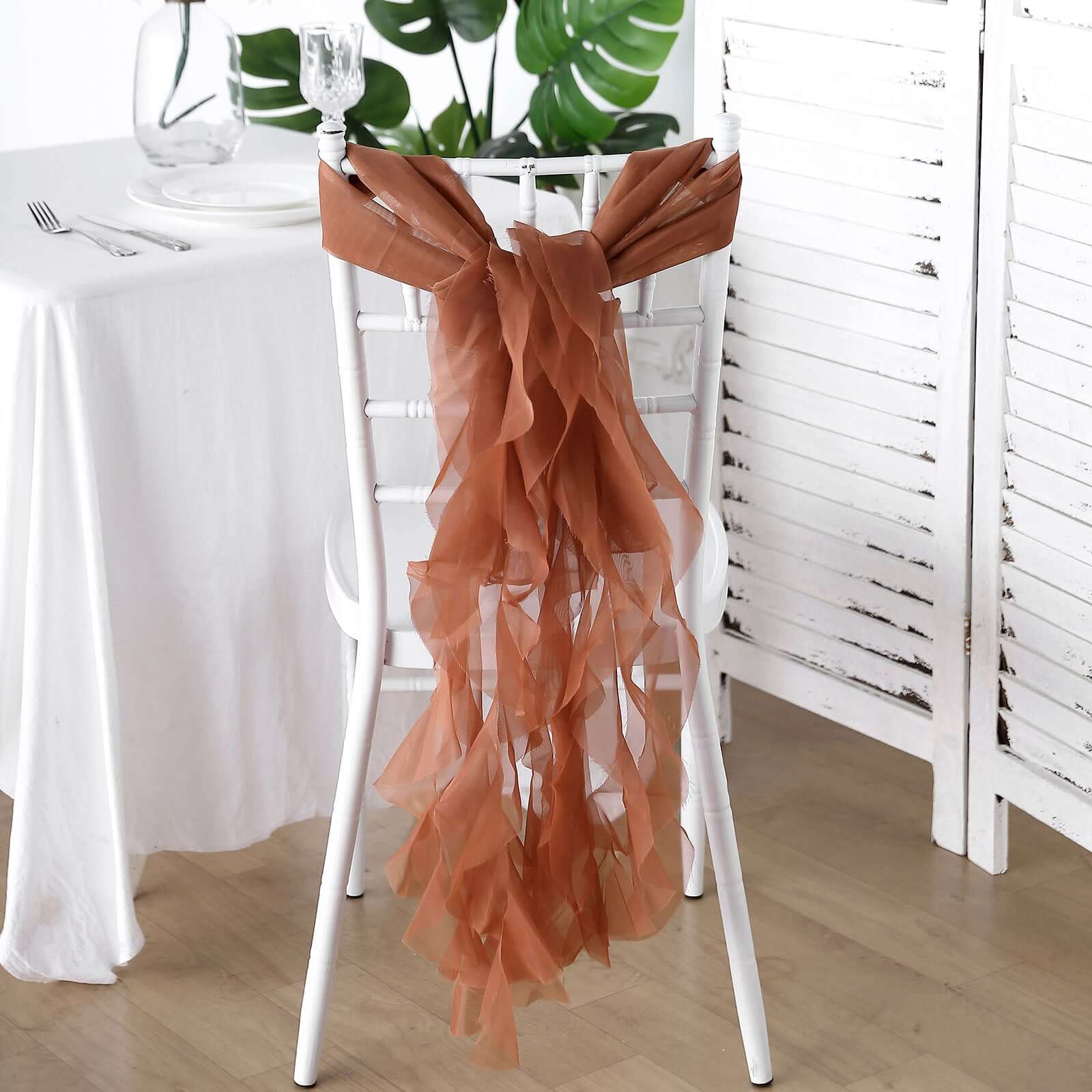 1 Set Chiffon Hoods Chair Sashes with Willow Ruffles Design Terracotta (Rust) - Stylish Chair Bow Decor