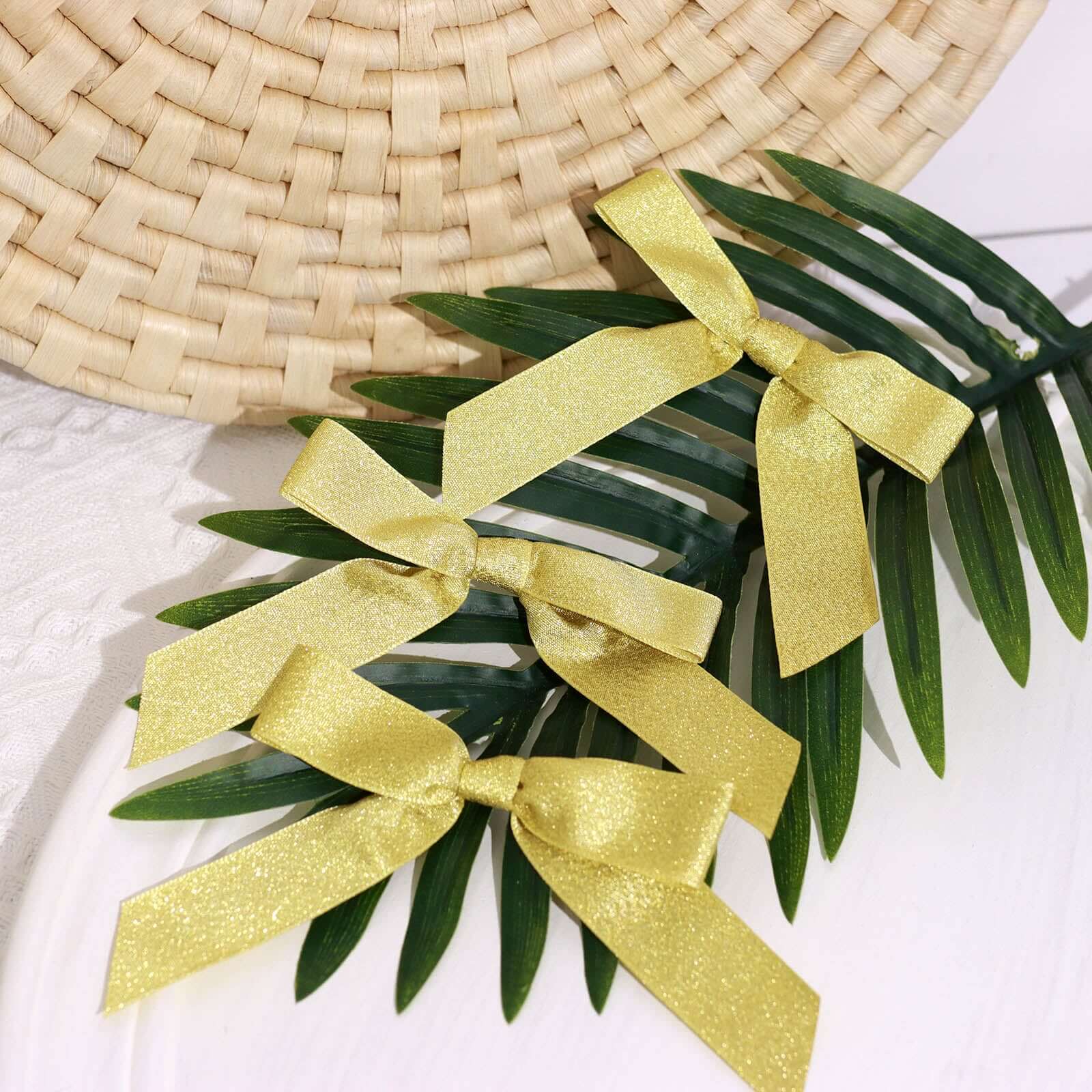 50 Pcs 4 Nylon Ribbon Bows With Twist Ties, Gift Basket Party Favor Bags Decor - Gold Glitter Design