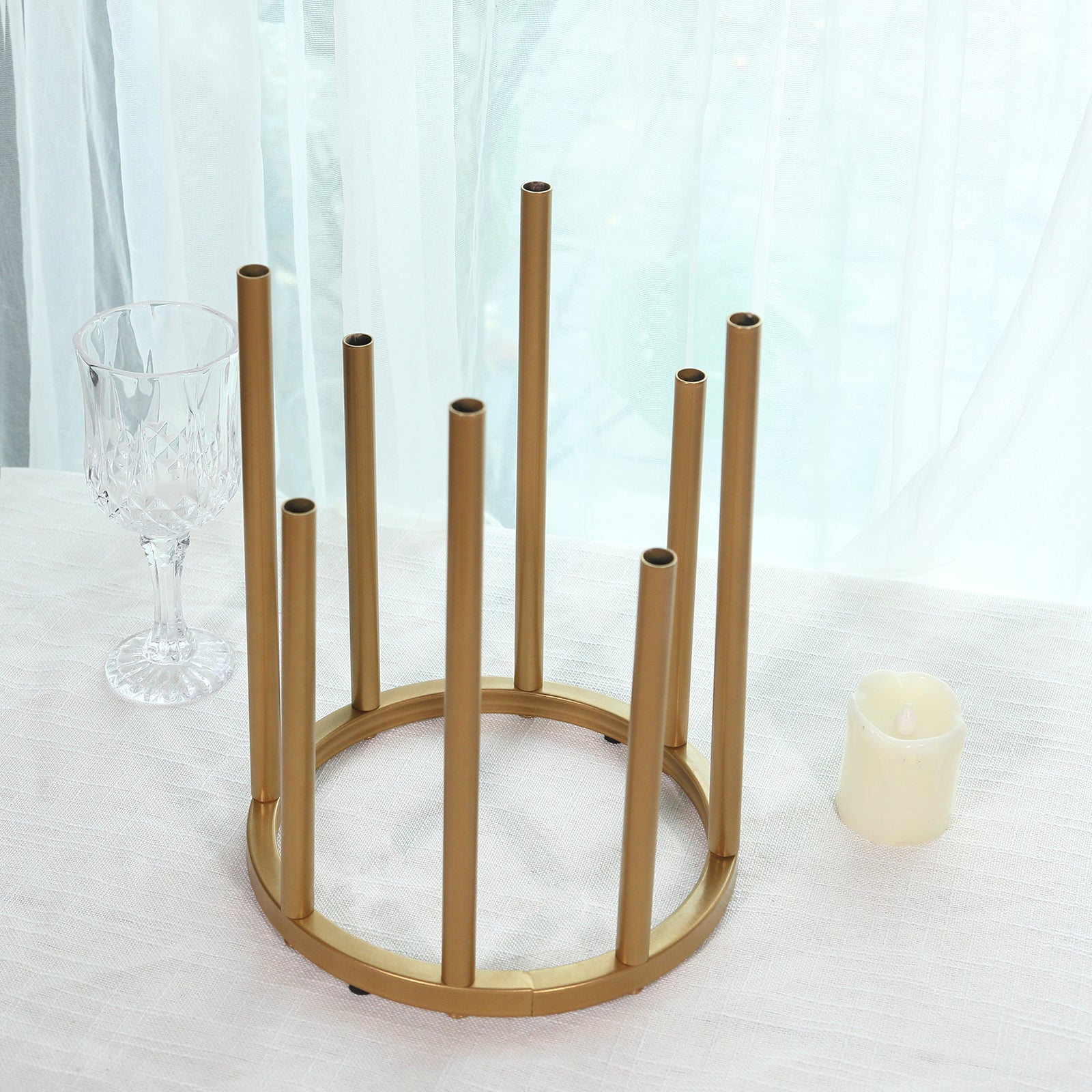 Flower Vase Gold Metal Minimalist 8-Tubes Round Base Design - Single Stem Bud Centerpiece for Arrangements 10