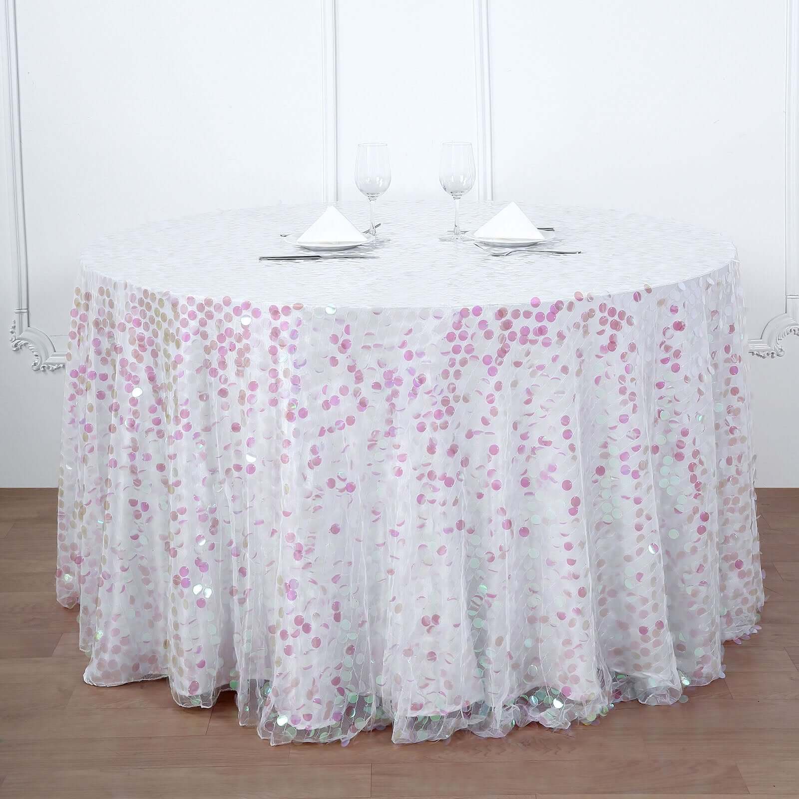 120 Iridescent Seamless Big Payette Sequin Round Tablecloth Collection for 5 Foot Table With Floor-Length Drop