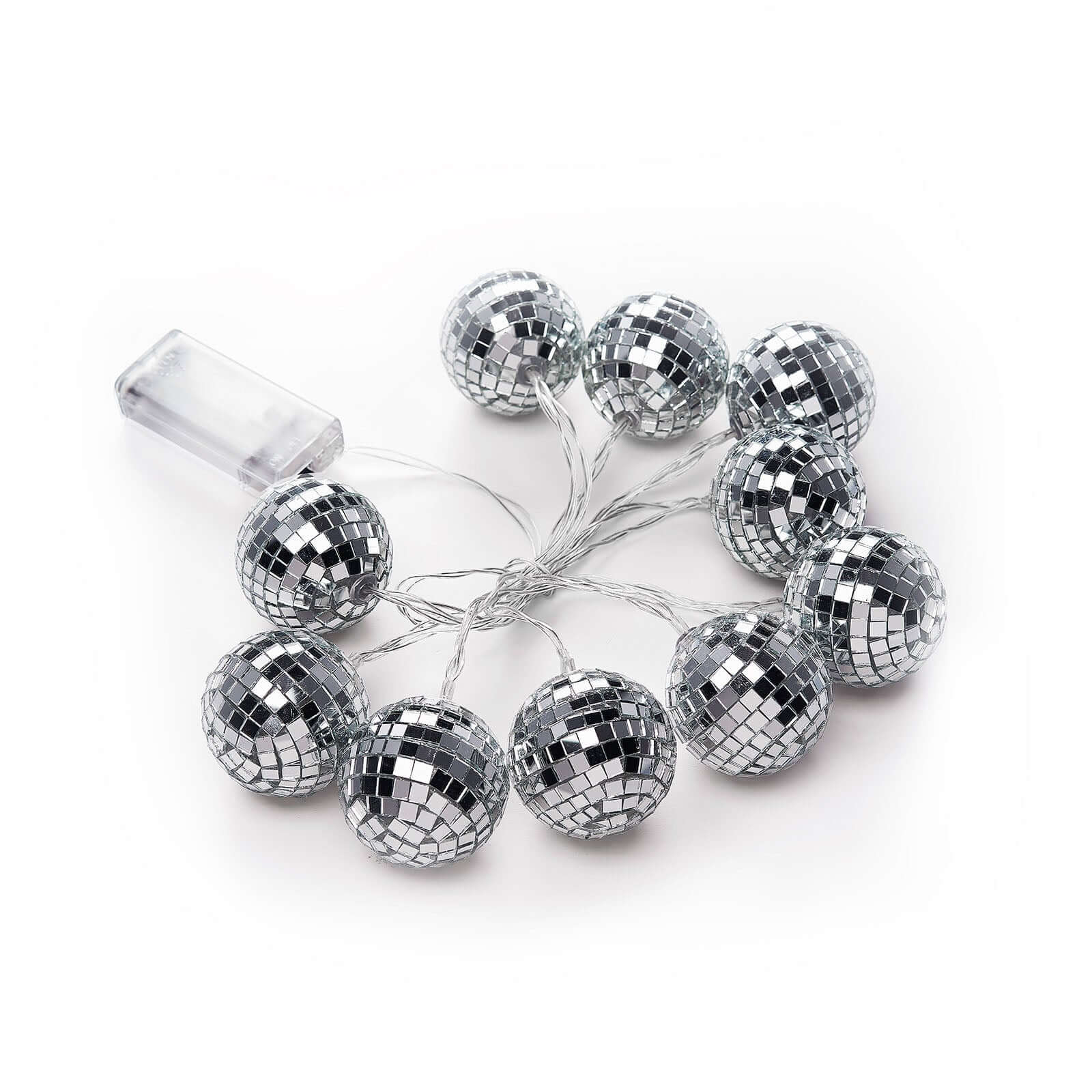 10 LED String Light Garland Silver Disco Mirror Ball Cool White - Battery Operated Decorative Lighting 6ft