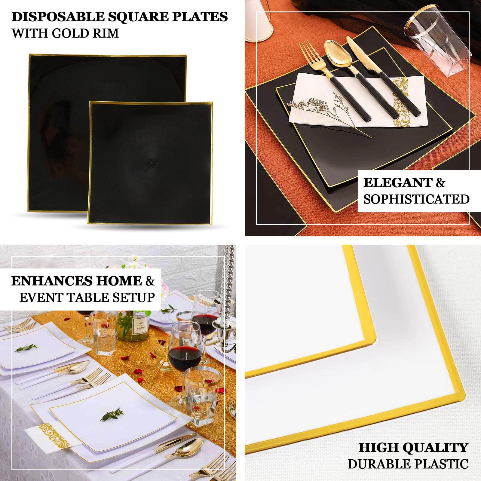 10-Pack Plastic 8 Square Dessert Plates in White Concave Style with Gold Rim - Modern Disposable Salad Appetizer Party Plates for Weddings & Special Events