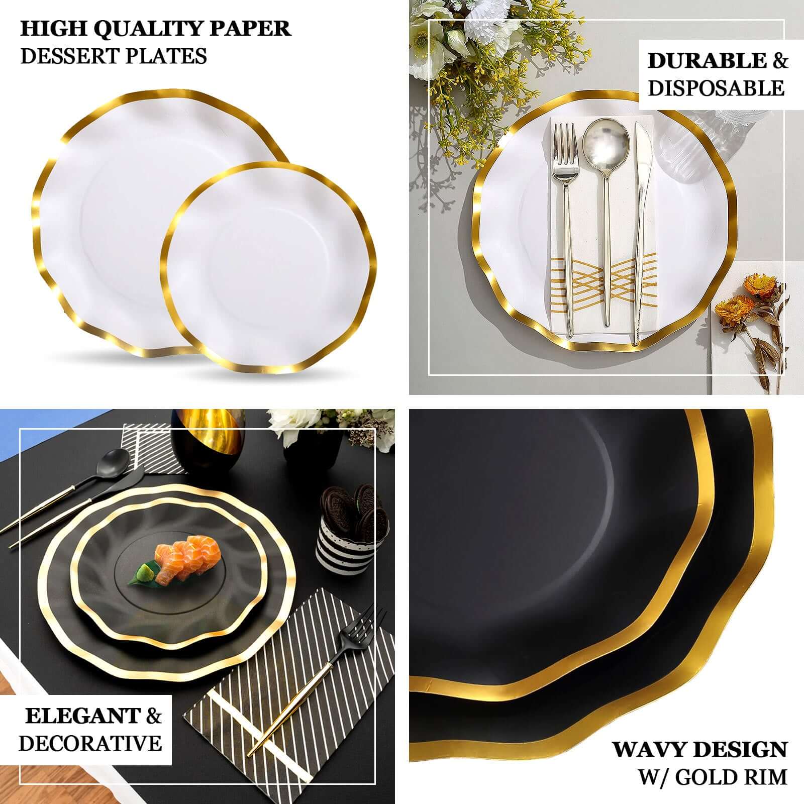 25-Pack Paper Round Dessert Plates 8 Matte White with Gold Wavy Rim - Disposable 350GSM Salad Plates for Banquets & Upscale Gatherings