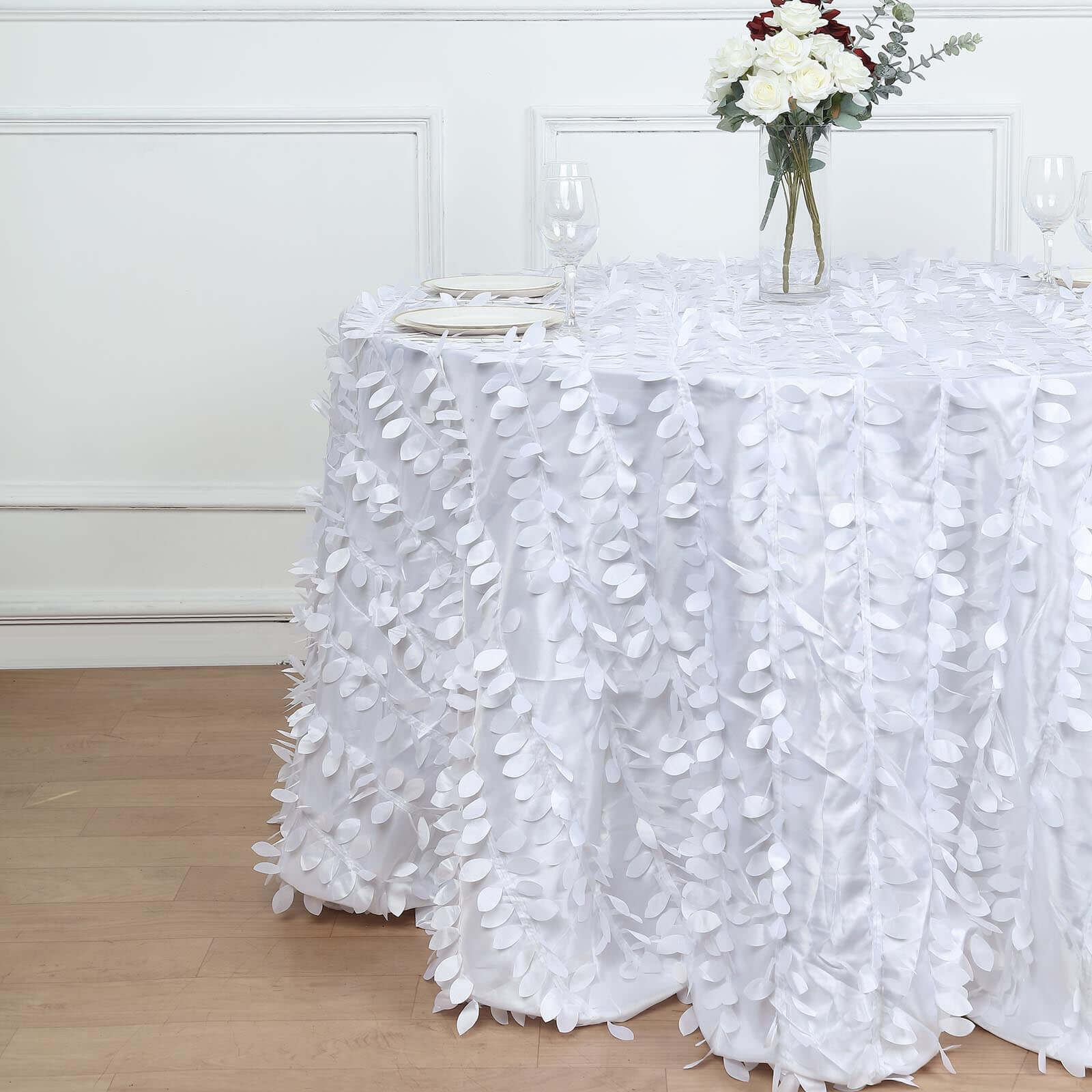 Taffeta 120 Round Tablecloth White 3D | 3D Leaf Petal Design Seamless Table Cover for Chic Wedding & Event Decor