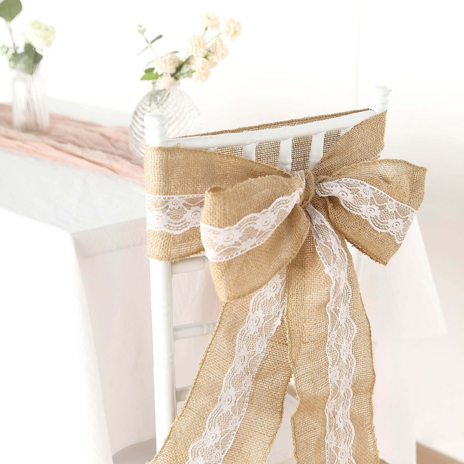 Natural Burlap Chair Sash 5x108 with Lace Hessian Jute - Rustic Bow Design for Weddings & Gatherings