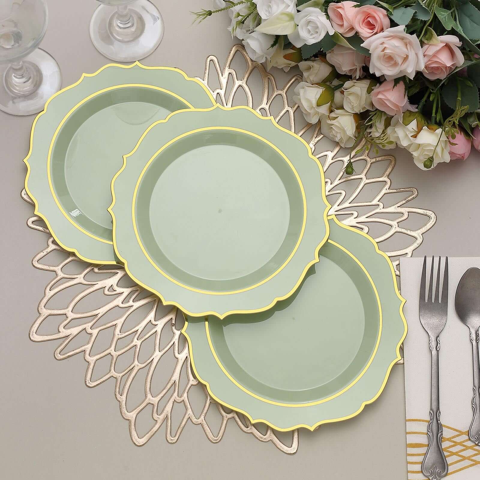 10-Pack Plastic 8 Round Desert Plates in Sage Green with Gold Scalloped Rim - Disposable Appetizer/Salad Plates