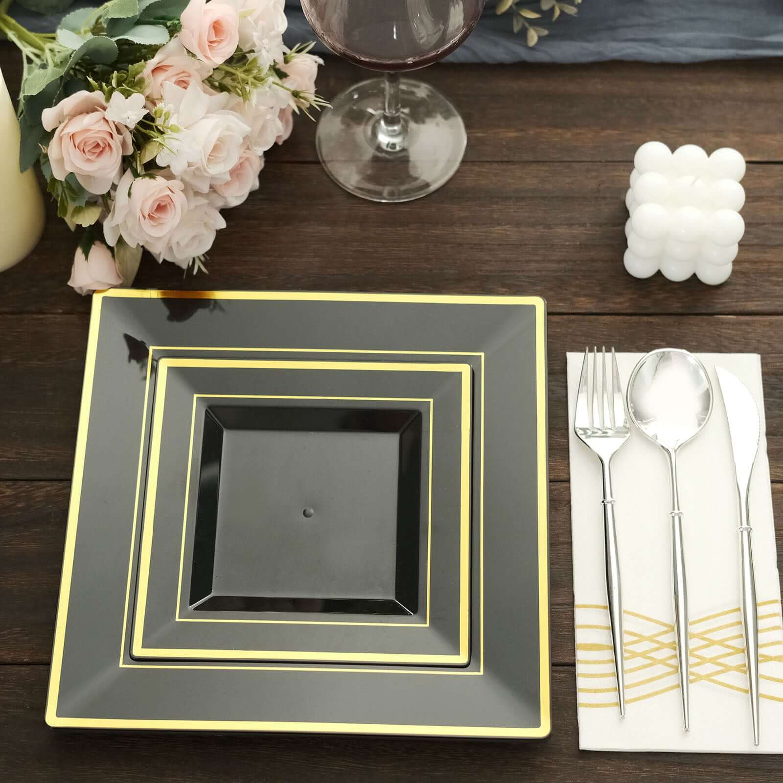 10-Pack Plastic Dinner Plates Black Square with Gold Trim - Lightweight Disposable Plates for Events 10