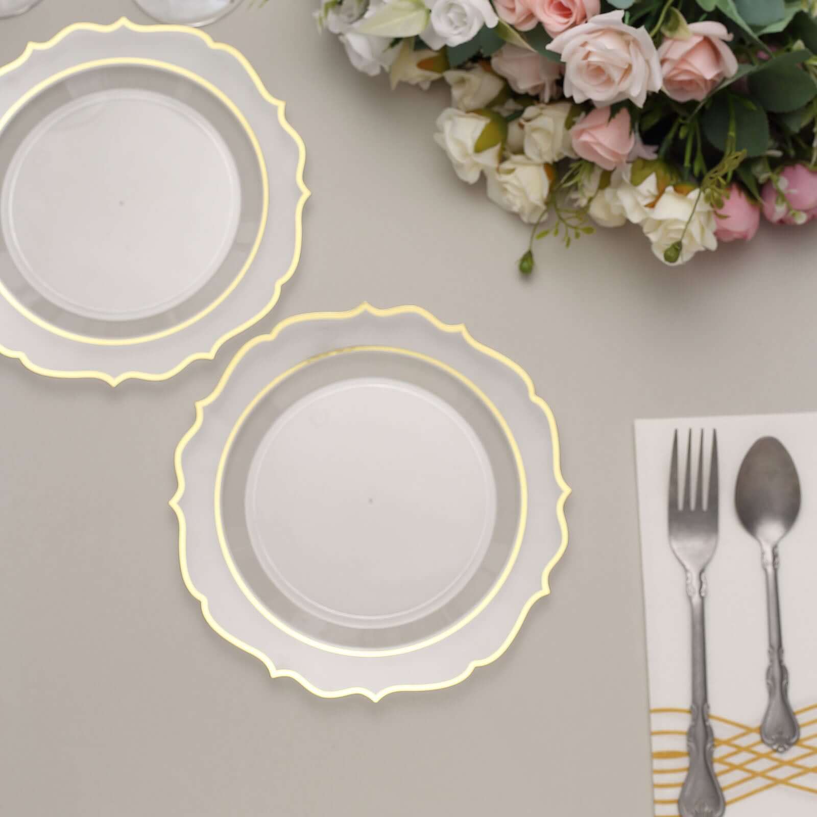 10-Pack Plastic 8 Round Desert Plates in Clear with Gold Scalloped Rim - Disposable Appetizer/Salad Plates