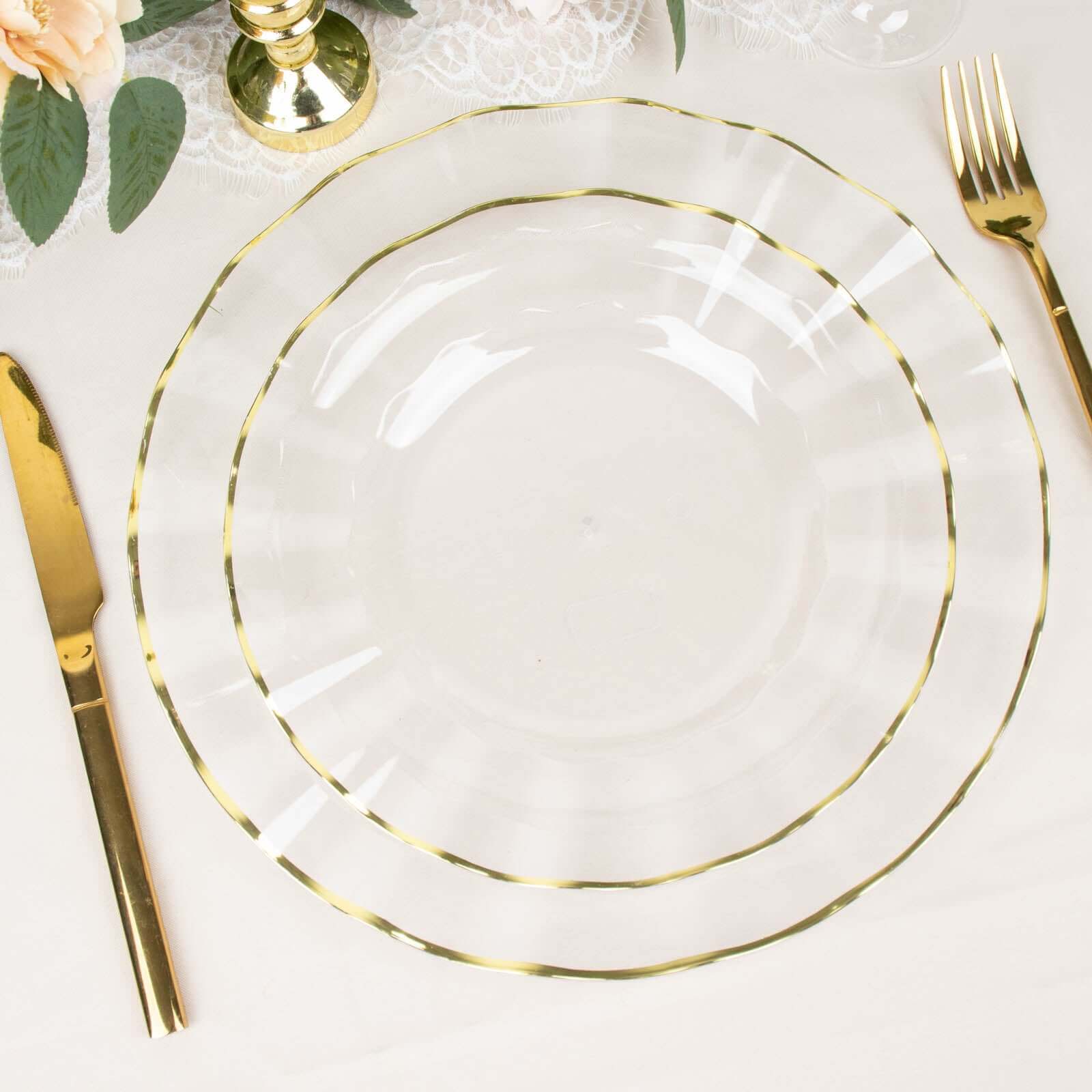 10-Pack Plastic 9 Round Dinner Plates in Clear Ruffled Rim with Gold Edging - Sturdy Disposable Dinnerware