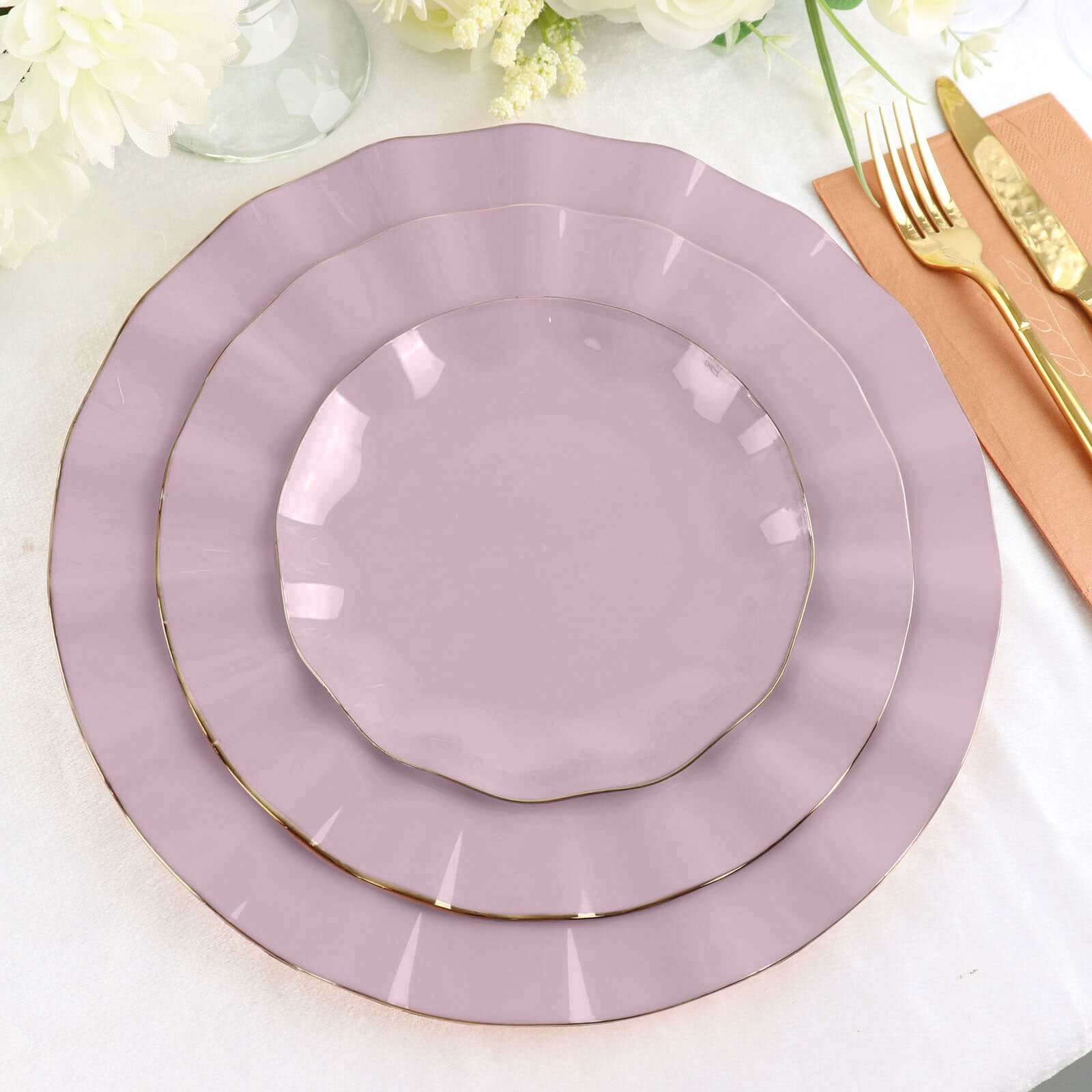 10-Pack Plastic 11 Round Dinner Plates in Lavender Lilac Ruffled Rim with Gold Edging - Sturdy Disposable Dinnerware