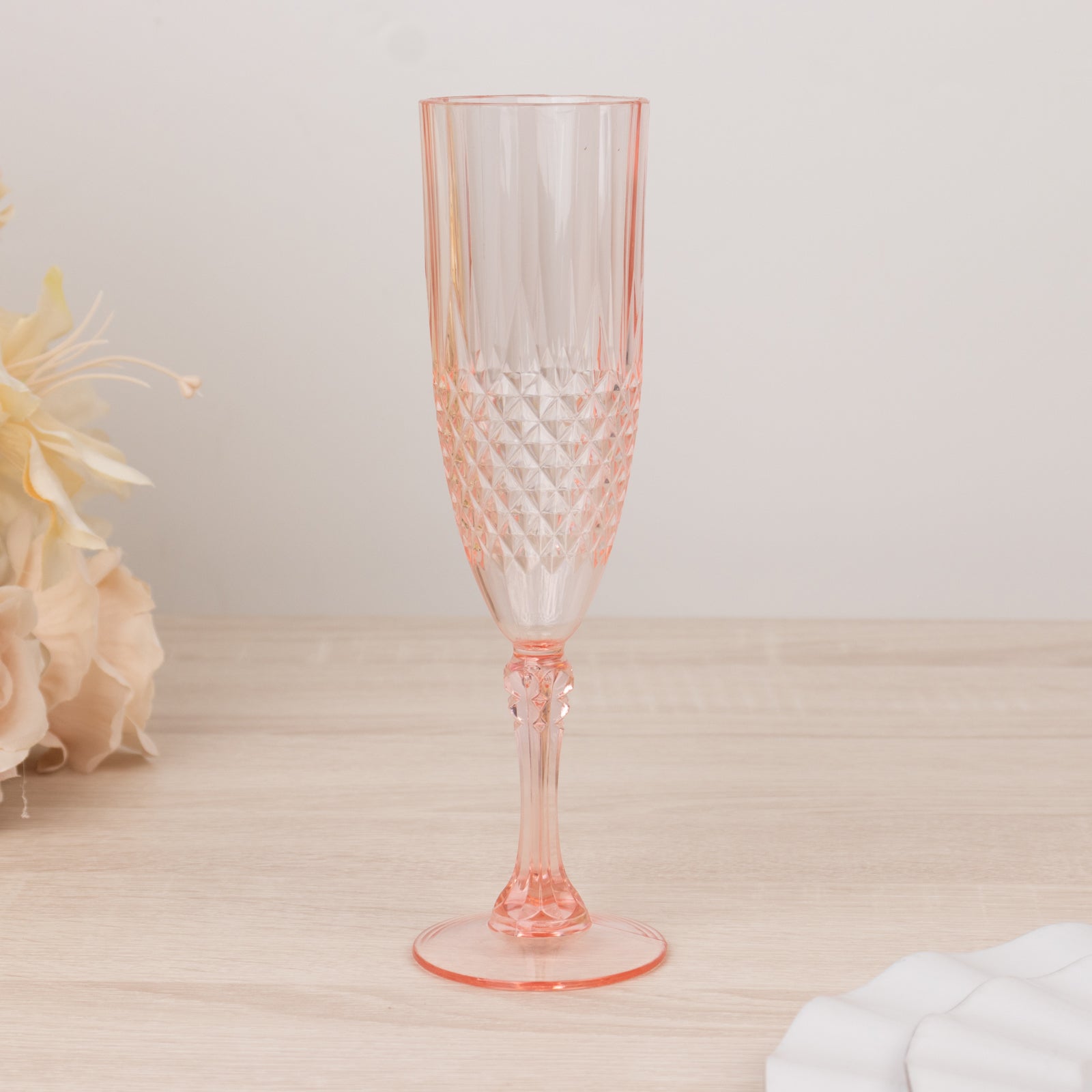 6-Pack Plastic Wedding Toast Flutes Transparent Blush Crystal Cut Style - Reusable Champagne Glasses 8oz