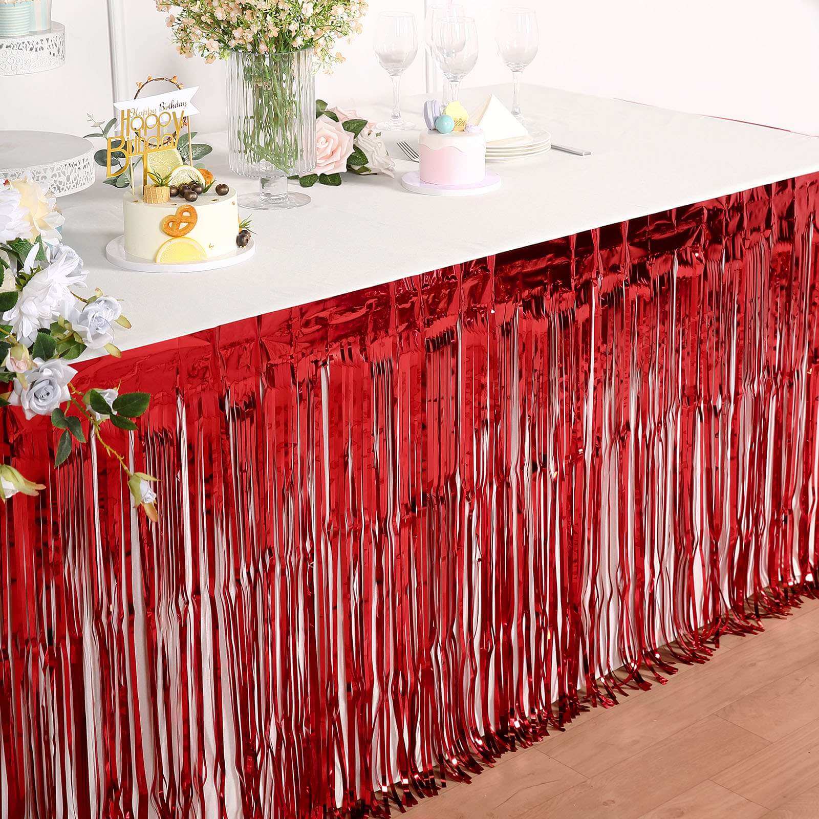 Metallic Foil Fringe Table Skirt Red with Self Adhesive Backing - Durable Tinsel Skirt for Parties 30x9ft