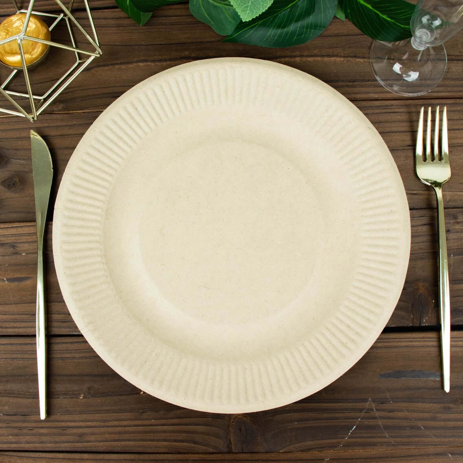 50-Pack Bagasse 10 Round Dinner Plates in Natural with Ribbed Rim - Eco Friendly Biodegradable Sugarcane Party Plates for Events