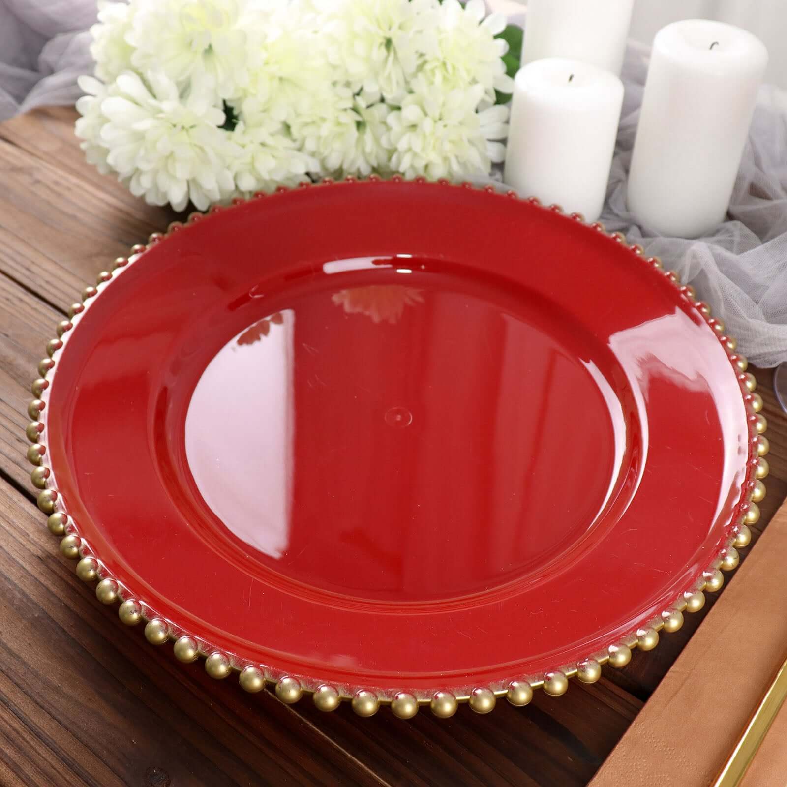 6-Pack Acrylic Round Charger Plates 13 in Red with Gold Beaded Rim, Decorative Dinner Party Charger Tableware