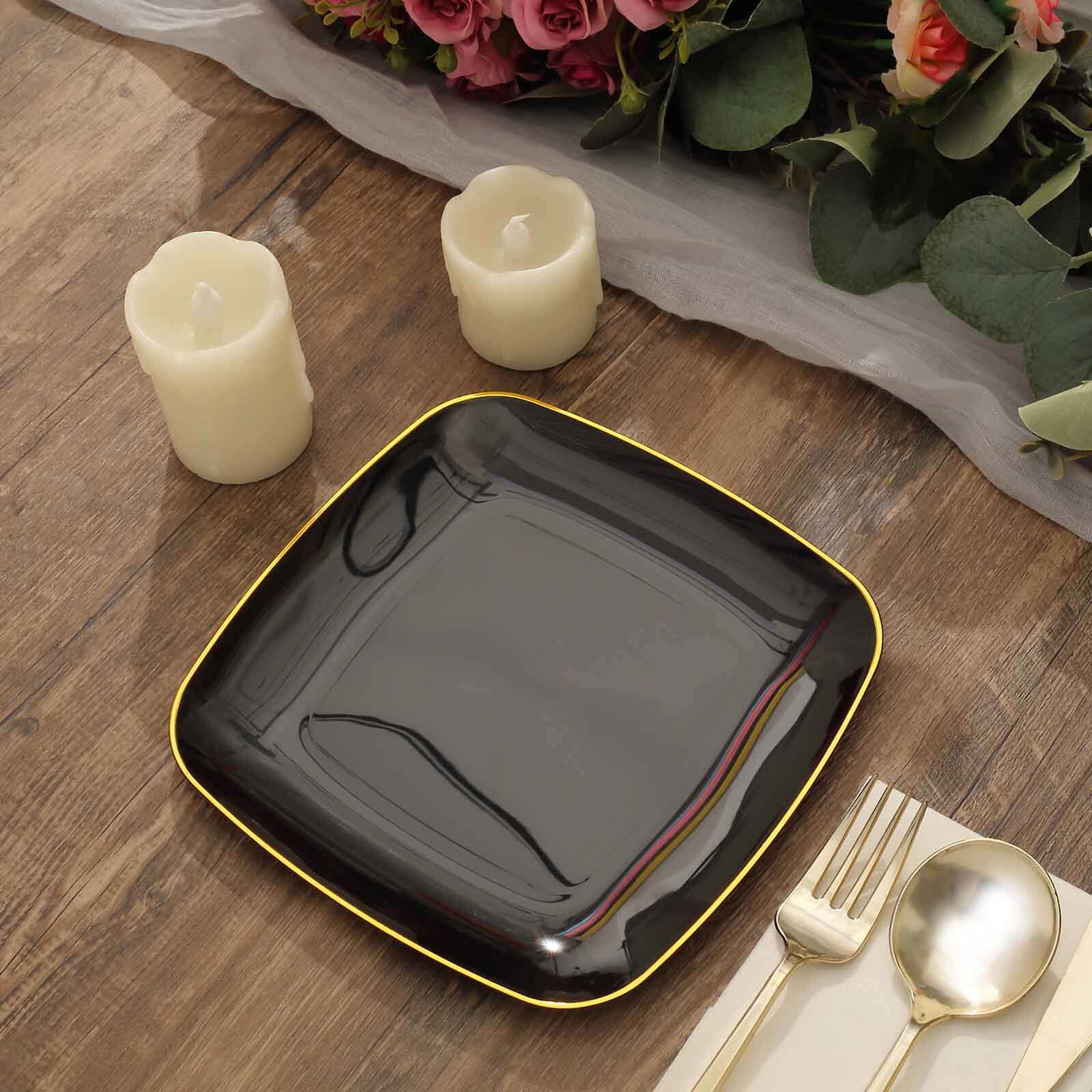 10-Pack Plastic 7 Square Dessert Plates in Black with Gold Rim - Classy Disposable Appetizer Salad Plates