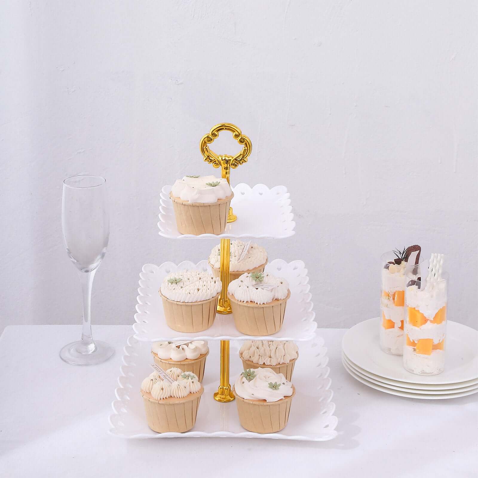 3-Tier Plastic Square Cupcake Stand Tower White - Charming Disposable Dessert Display Serving Tray Platter with Heart Wavy Edge & Gold Top Handle for Tea Parties Weddings & Special Occasions 13