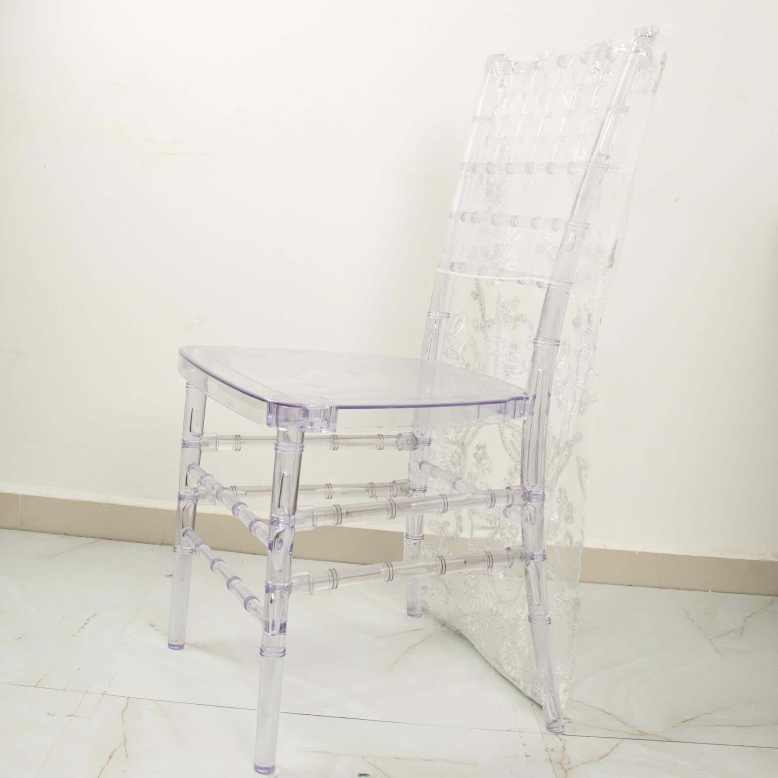 Organza Chiavari Chair Slipcover with Floral Sequin Embroidery White - Stylish Lace Chair Back Cover for Weddings