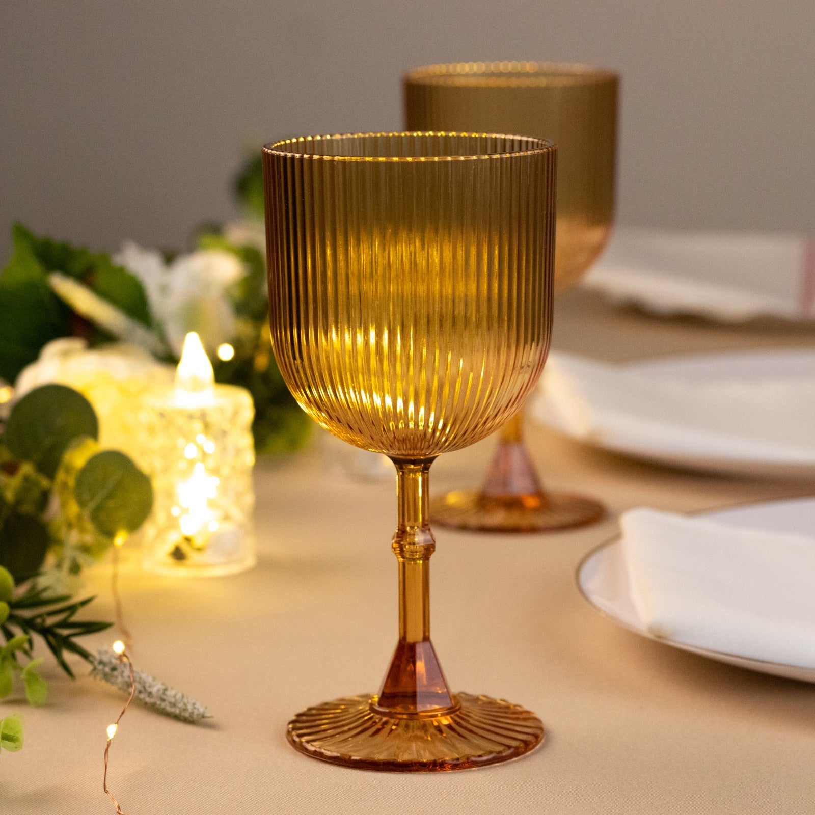 12-Pack Plastic Goblets Amber Gold Vintage Ribbed Pattern - Reusable Shatterproof Glassware 9oz