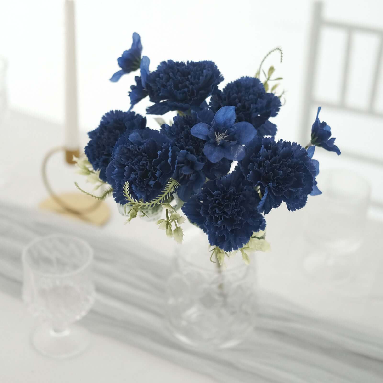 3 Pack 14 Navy Blue Artificial Silk Carnation Flower Arrangements, Faux Floral Bouquets Bushes