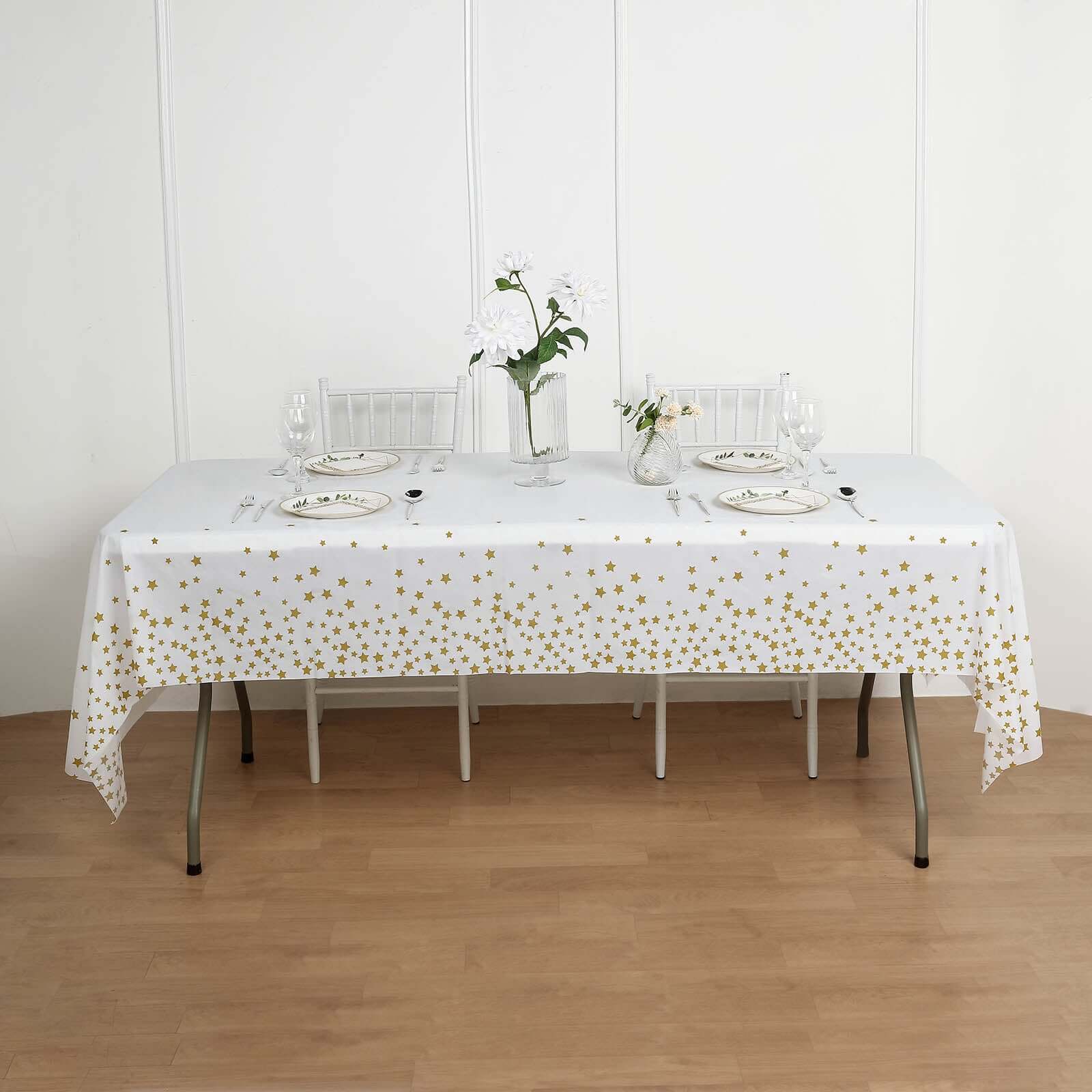 5-Pack Plastic Table Covers White Rectangle with Gold Stars - Decorative PVC Disposable Tablecloths 54x108