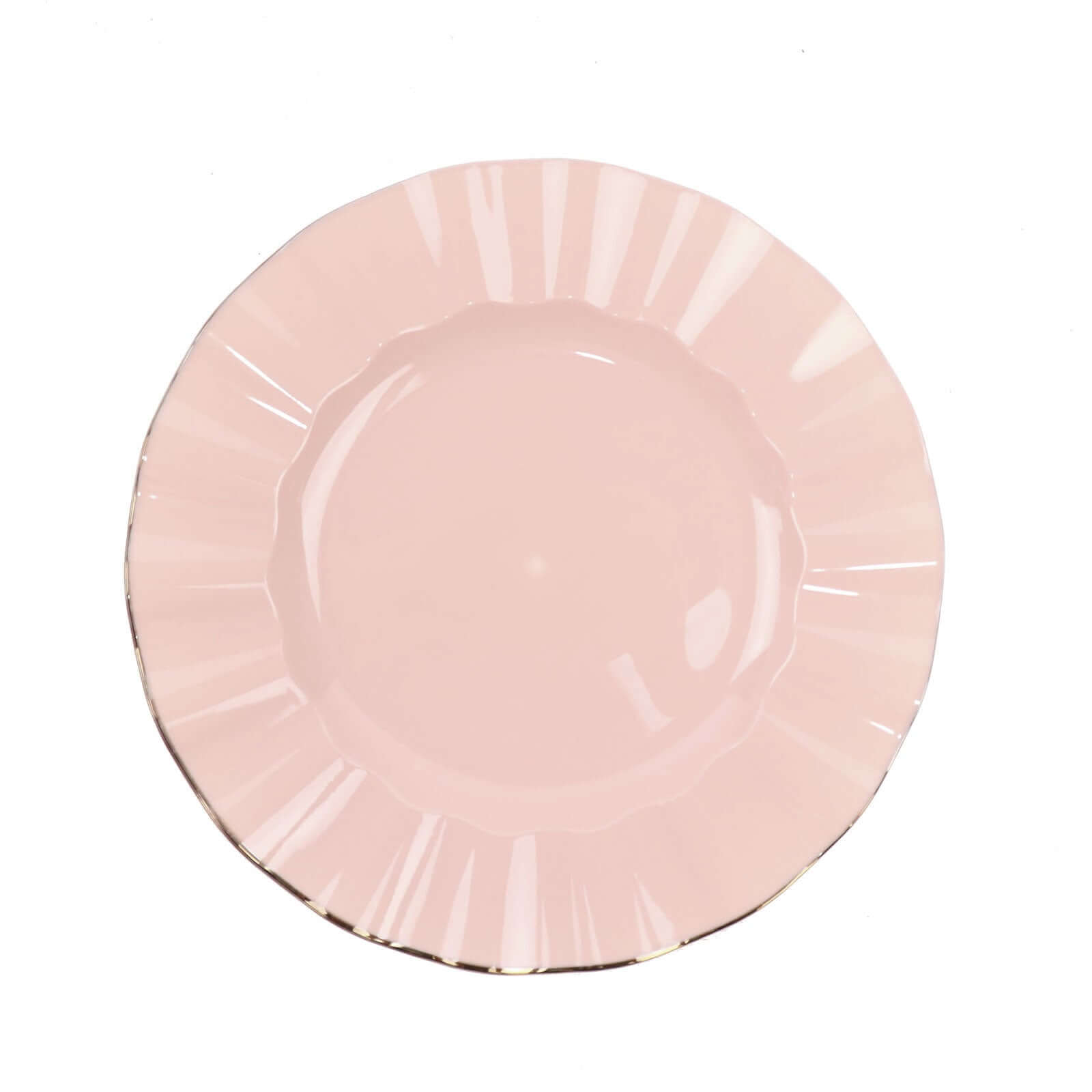 10-Pack Plastic 9 Round Dinner Plates in Blush Ruffled Rim with Gold Edging - Sturdy Disposable Dinnerware