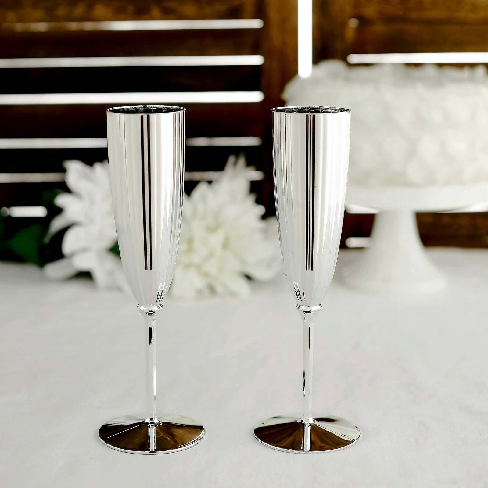 6-Pack Plastic Champagne Flutes in Silver - Classy Disposable Champagne Glasses for Toasting & Cocktail Parties 5oz