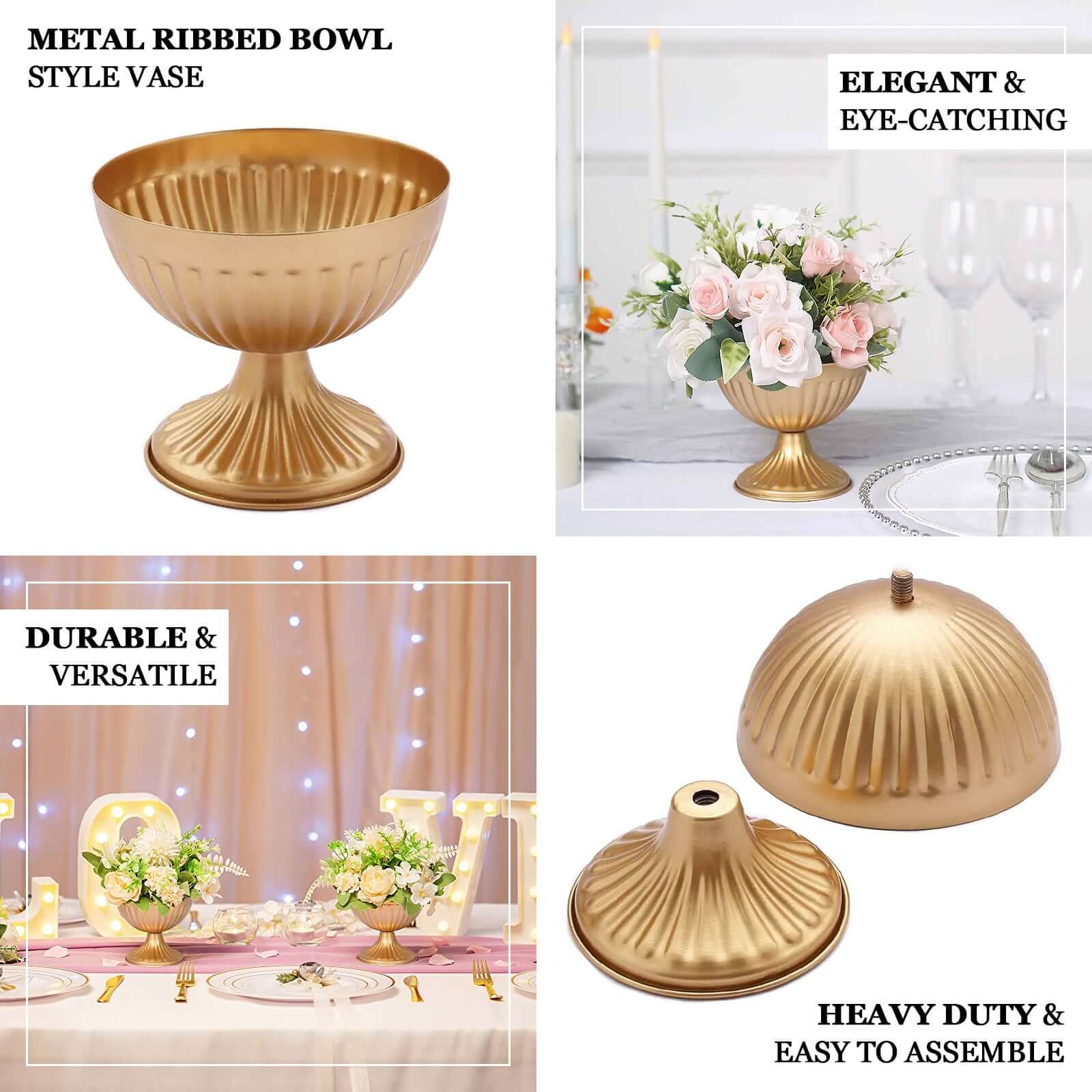 2-Pack Metal Pedestal Flower Vases Ribbed Bowl Style Gold - Antique Mini Compote Vase for Sophisticated Wedding Centerpieces 4