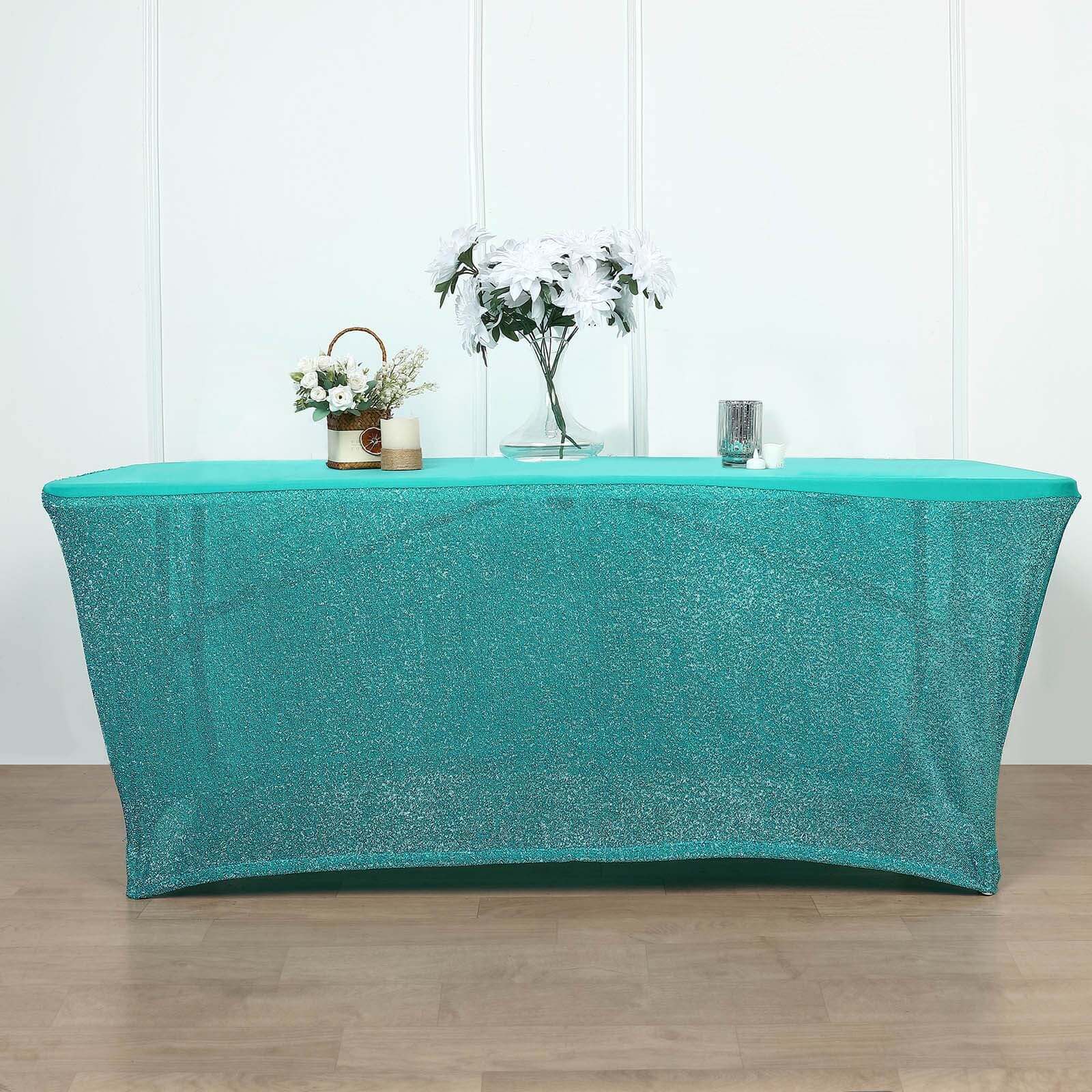 Stretch Spandex 72x30 Rectangle Tablecloth Metallic Turquoise - Form-Fitting Table Cover