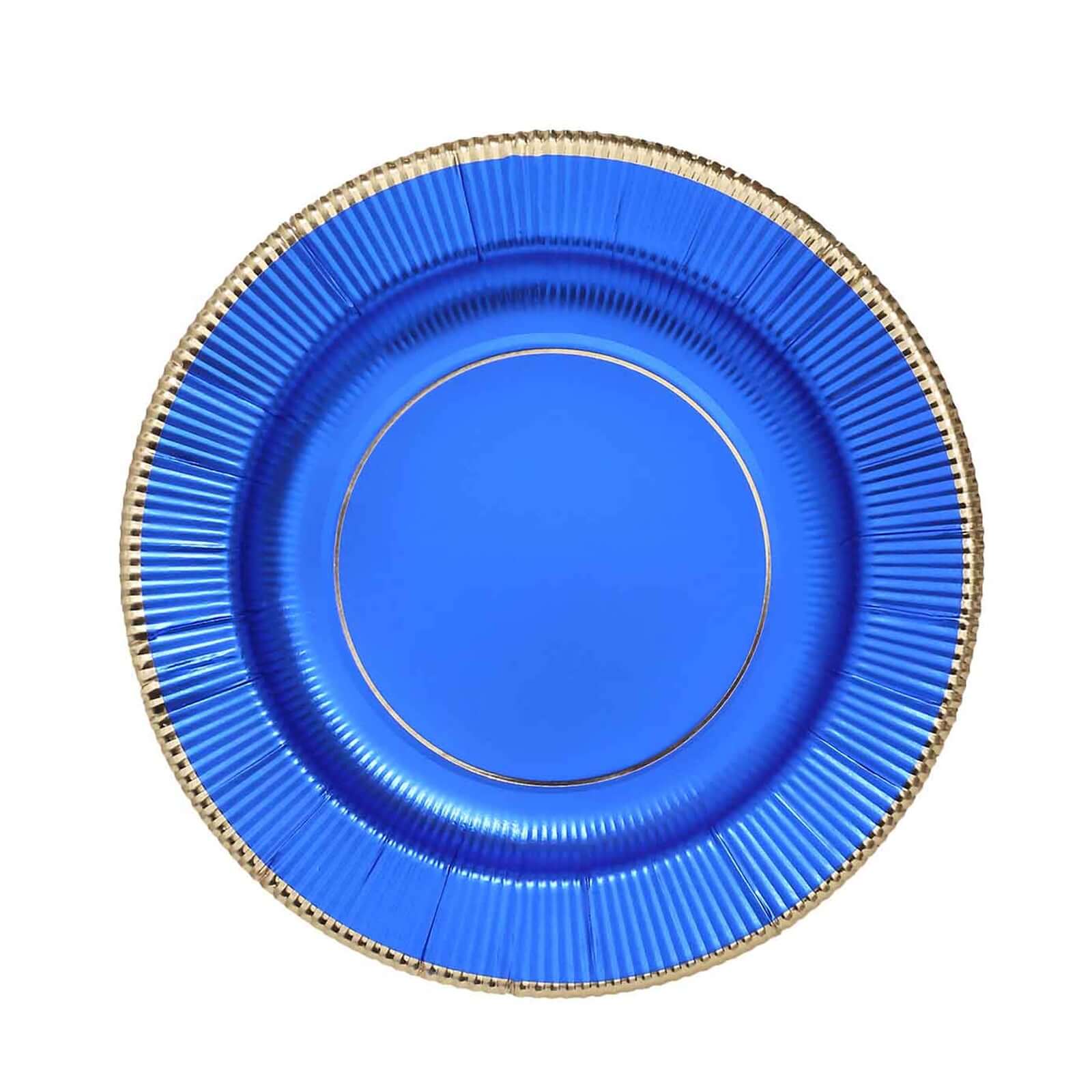 25-Pack Paper 8 Round Dessert Plates in Royal Blue Sunray Design with Gold Rim - Disposable Heavy Duty 350GSM Appetizer Salad Plates